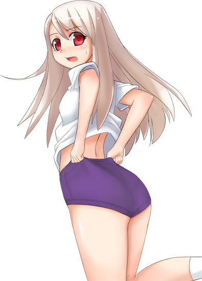 sugar (sugarless), illyasviel von einzbern, fate/stay night, fate (series), 00s, 1girl, buruma, female focus, midriff, official alternate costume, purple buruma, simple background, socks, solo, white socks