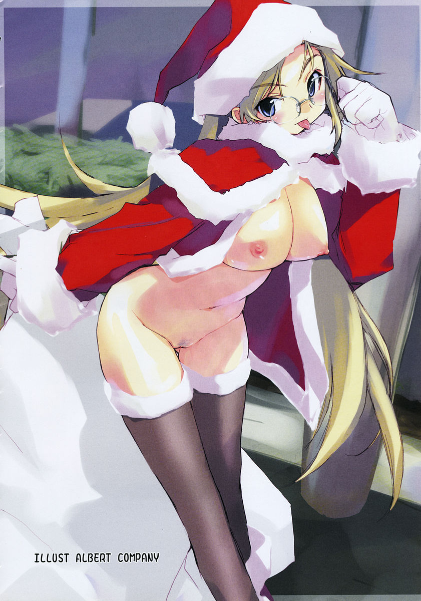 albert company, e=mc2 (mosimosi), highres, 1girl, bent over, blonde hair, blue eyes, breasts, christmas, female focus, female pubic hair, glasses, hat, large breasts, long hair, nipples, pubic hair, pussy, santa costume, santa hat, solo, thighhighs, tongue, uncensored, very long hair