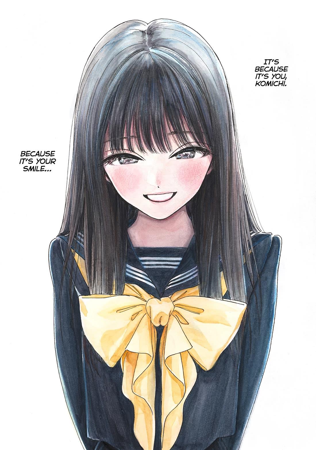 hiro (dismaless), akebi komichi, akebi-chan no serafuku, colorized, highres, official art, translated, 1girl, arms behind back, black eyes, black hair, black serafuku, blunt bangs, blush, bow, breasts, dot nose, english text, female focus, long hair, long sleeves, looking at viewer, manga illustration, manga page, open mouth, roubai academy school uniform (old), school uniform, serafuku, simple background, small breasts, smile, solo, solo focus, tongue, tongue out, white background, yellow bow