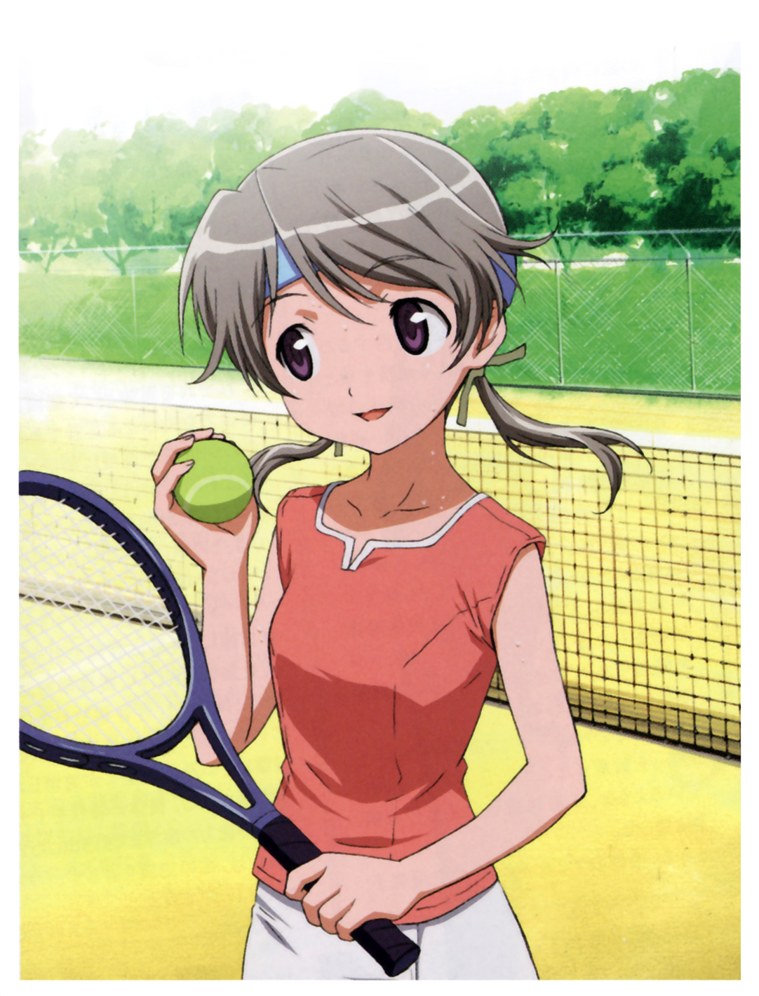 kawada tsuyoshi, sonomiya karen, sky girls, eyebrows, looking away, highres, official art, scan, 00s, 1girl, ball, blouse, chain-link fence, collarbone, day, female focus, fence, grey hair, hair between eyes, hair ribbon, head tilt, headband, holding, orange shirt, outdoors, parted lips, pink shirt, purple eyes, racket, ribbon, shirt, sleeveless, sleeveless shirt, smile, solo, sweat, tennis, tennis ball, tennis racket, tree, yellow ribbon