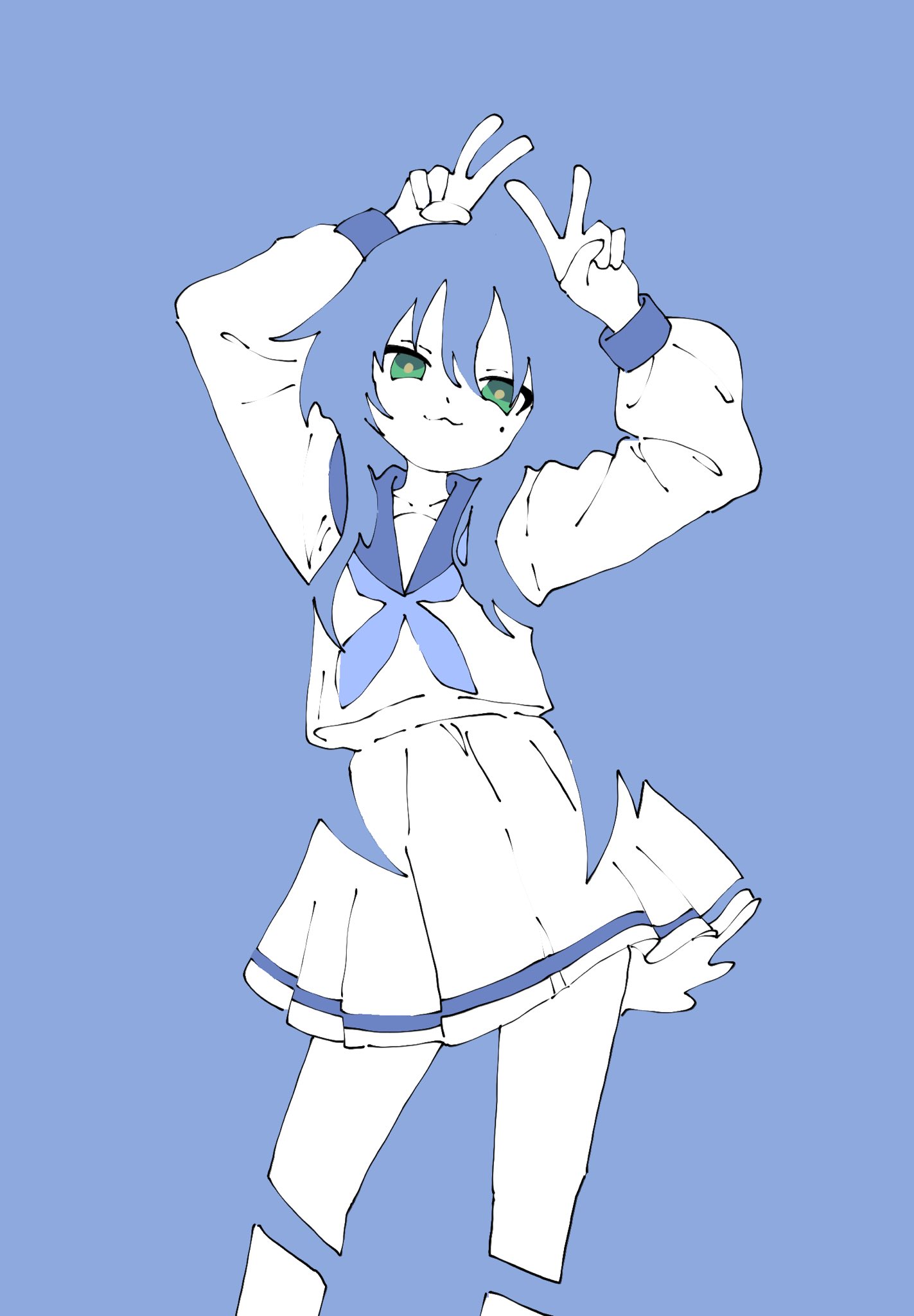 yanikasu7o5, izumi konata, lucky star, highres, 1girl, :3, blending, blue background, double v, green eyes, green hair, hands up, limited palette, long hair, long sleeves, looking at viewer, mole, mole under eye, neckerchief, ryouou school uniform, sailor collar, school uniform, serafuku, skirt, solo, v