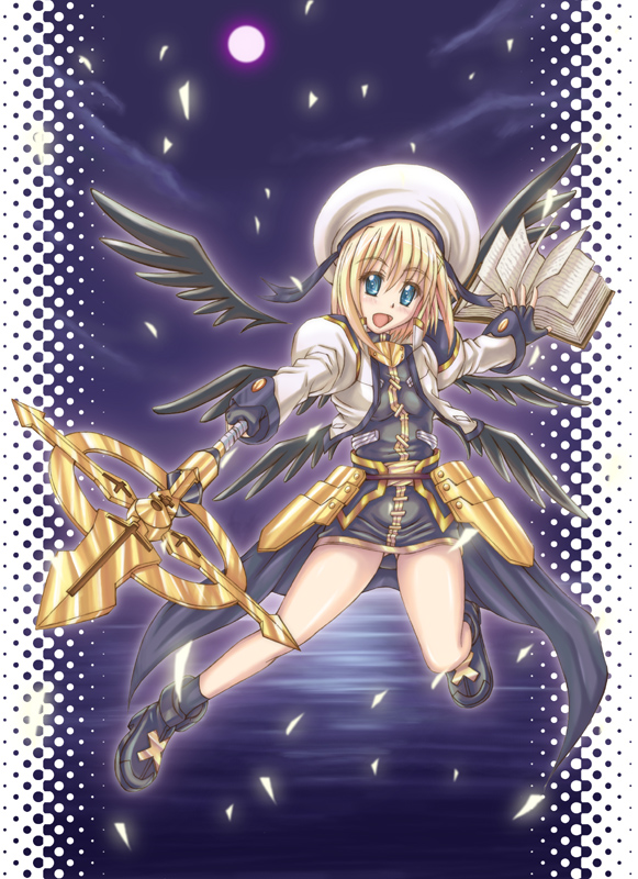 narendo, schwertkreuz, tome of the night sky, yagami hayate, lyrical nanoha, mahou shoujo lyrical nanoha, mahou shoujo lyrical nanoha a's, 00s, black wings, blonde hair, blue eyes, book, flying, hat, moon, night, open mouth, skirt, solo, staff, water, wings