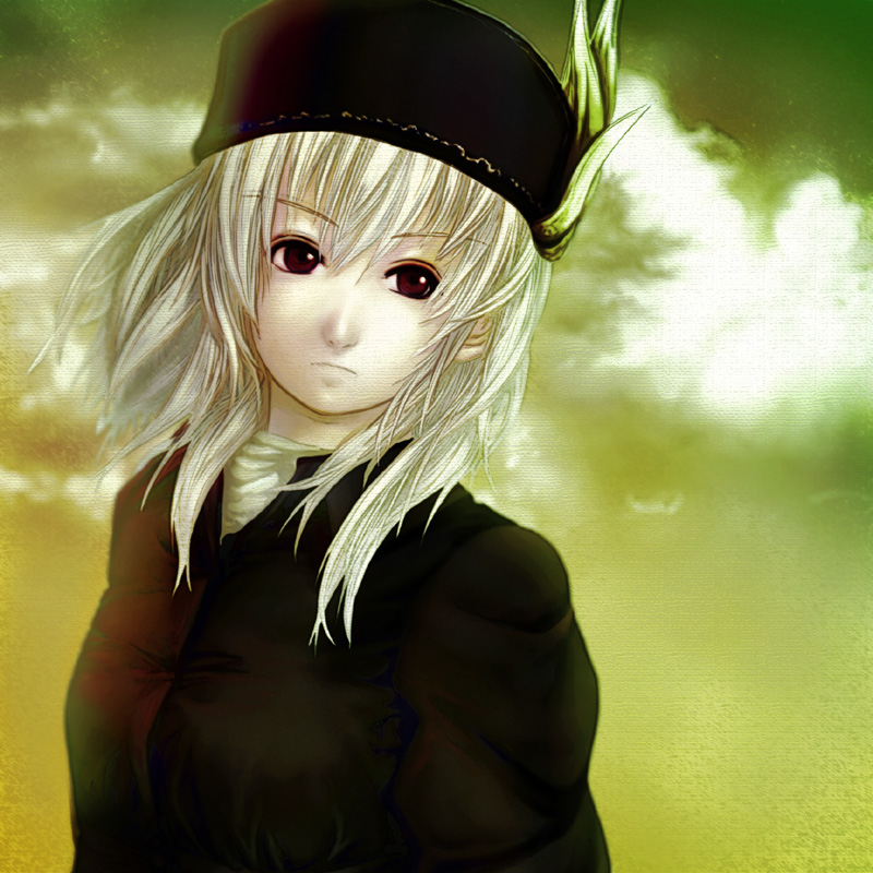nozakuma, tagme, albino, hat, red eyes, solo, white hair