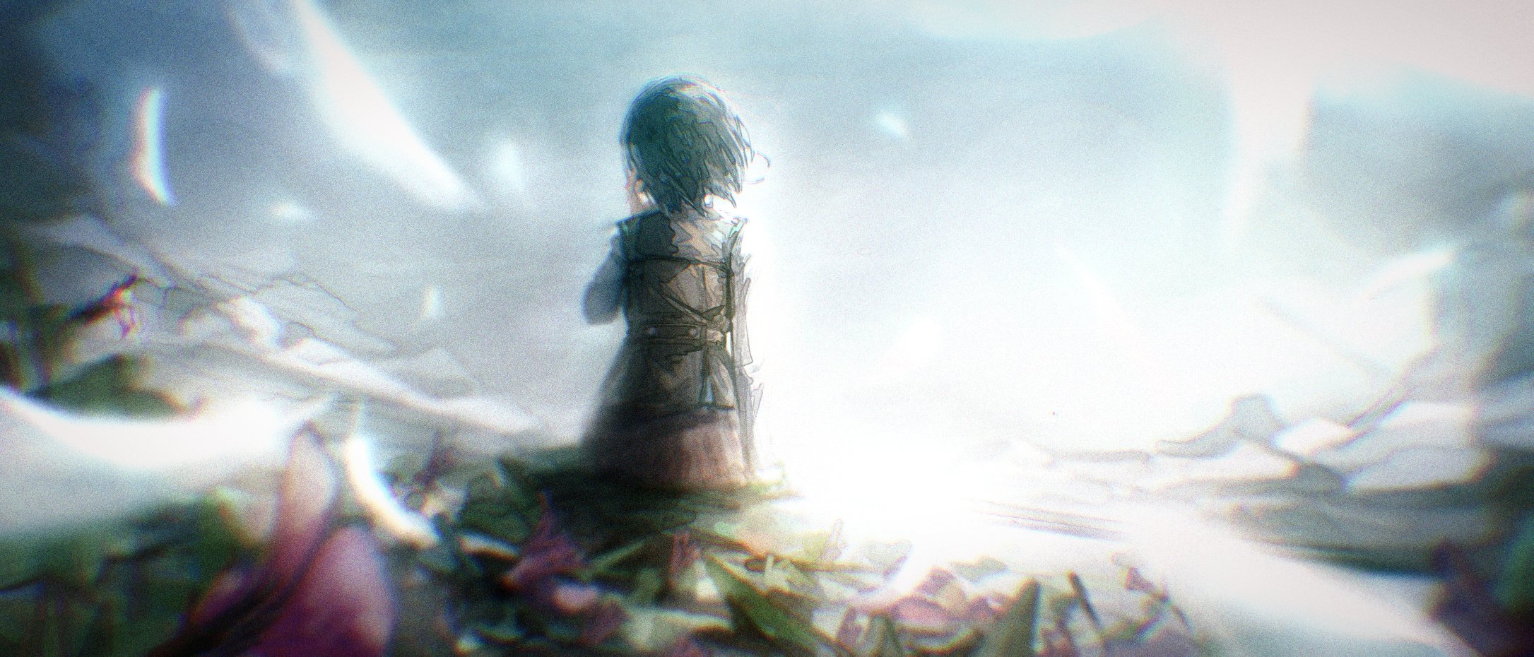 aeoky, aoi erika, heaven burns red, highres, 1girl, black hair, brown vest, facing away, field, flower, flower field, shirt, short hair, solo, vest