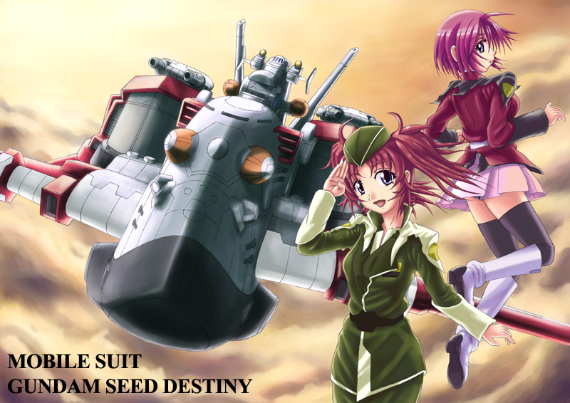 narendo, lunamaria hawke, meyrin hawke, gundam, gundam seed, gundam seed destiny, 00s, 2girls, boots, cloud, knee boots, mecha, multiple girls, robot, siblings, sisters, sky, thighhighs