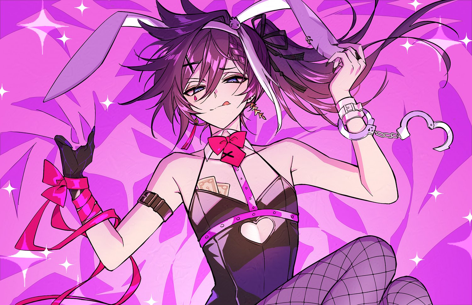 banzoin hakka, hatsune miku, holostars, holostars english, rabbit hole (vocaloid), commentary request, 1boy, :q, animal ear hairband, animal ears, arm belt, bare arms, bare shoulders, bed sheet, black gloves, black leotard, black nails, black pantyhose, blue eyes, bow, bowtie, clothing cutout, collarbone, cosplay, crossdressing, crossdressing (mtf), cuffs, cutout above navel, detached collar, earrings, fake animal ears, fingernails, fishnet pantyhose, fishnets, from above, gloves, hair between eyes, hair ornament, hairband, handcuffs, hatsune miku (cosplay), heart cutout, jewelry, leotard, long fingernails, long hair, looking at viewer, lying, male focus, male playboy bunny, mark under eye, mismatched earrings, money, nail polish, necktie, on back, pantyhose, pink ribbon, piwpiww, ponytail, purple hair, rabbit ears, red bow, red bowtie, red necktie, ribbon, sheet grab, short necktie, single glove, solo, sparkle, tassel, tassel earrings, teardrop facial mark, thai commentary, tongue, tongue out, trap, tucked money, virtual youtuber, white hairband, wrist ribbon, x hair ornament