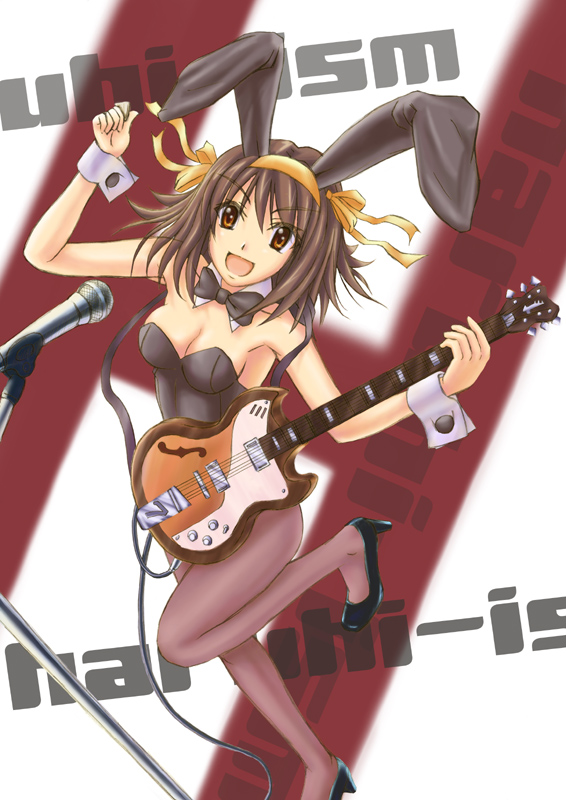 narendo, suzumiya haruhi, suzumiya haruhi no yuuutsu, 00s, animal ears, fake animal ears, guitar, instrument, leotard, microphone, microphone stand, pantyhose, playboy bunny, rabbit ears, solo