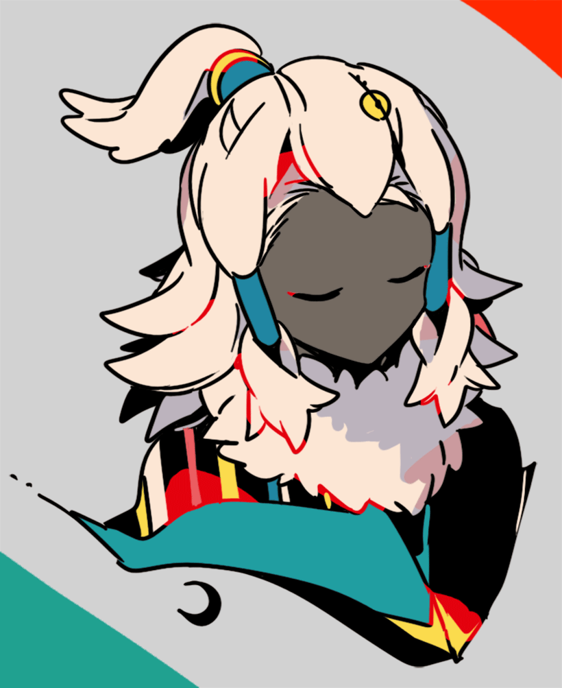 mizuki tsukimori, sky: children of the light, character request, commentary request, 1girl, closed eyes, colored skin, cropped torso, expressionless, facing ahead, fur collar, grey background, grey skin, hair tubes, long sleeves, ponytail, sidelocks, simple background, solo, three-toned background, white hair