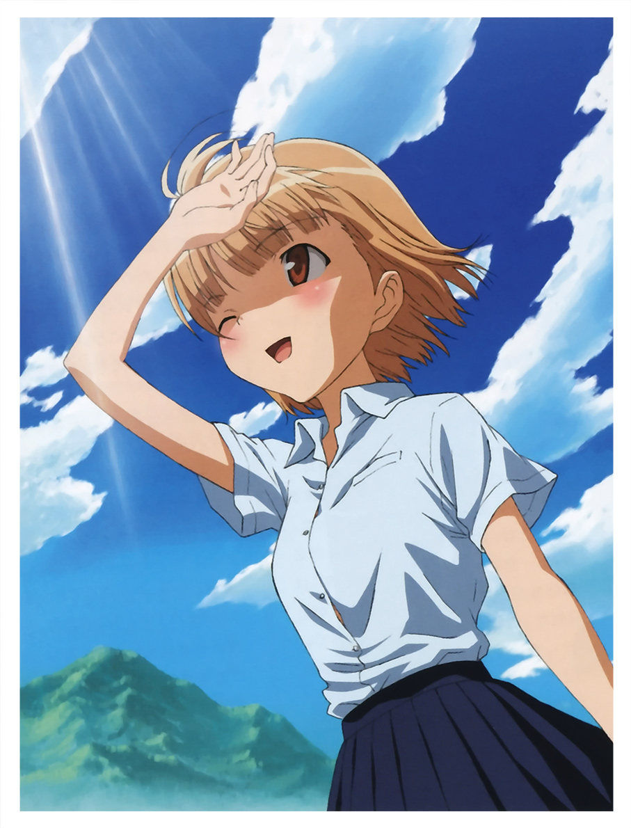 kawada tsuyoshi, sakurano otoha, sky girls, official art, scan, 00s, 1girl, ;d, arm at side, arm up, black skirt, blonde hair, blouse, blush, brown eyes, brown hair, cloud, collared shirt, day, female focus, light rays, mountain, nature, one eye closed, open mouth, outdoors, pleated skirt, shading eyes, shirt, short hair, short sleeves, skirt, sky, smile, solo, sun, sunbeam, sunlight, wing collar