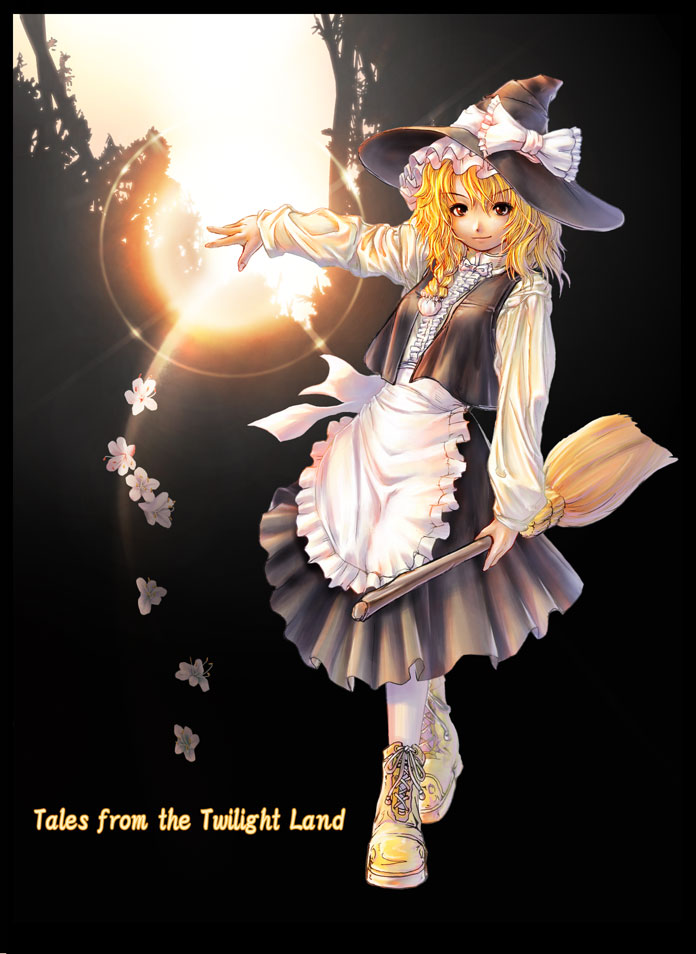 nozakuma, kirisame marisa, touhou, eyebrows, flower request, 1girl, apron, arm at side, backlighting, black border, black hat, black skirt, black vest, blonde hair, blurry, bokeh, boots, border, bow, bowtie, braid, broom, center frills, depth of field, female focus, flower, frilled apron, frills, full body, hair ornament, hat, hat bow, hat ribbon, holding, holding broom, lace-up boots, lens flare, light rays, long sleeves, looking at viewer, outdoors, outstretched arm, pantyhose, red eyes, ribbon, shirt, skirt, sky, smile, solo, standing, sunlight, text focus, tree, vest, waist apron, white apron, white bow, white bowtie, white pantyhose, white ribbon, white shirt, witch hat, yellow boots
