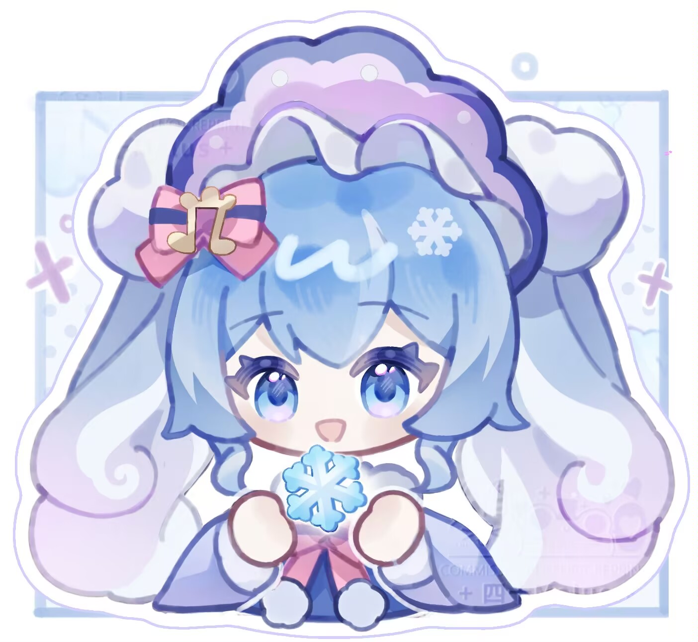 sishi malus, hatsune miku, yuki miku, yuki miku (2023), vocaloid, chinese commentary, commentary request, highres, 1girl, blue background, blue dress, blue eyes, blue hair, bonnet, border, bow, bowtie, chibi, cropped torso, curly hair, dress, eyelashes, fortissimo, frilled headwear, fur-trimmed dress, fur-trimmed sleeves, fur trim, gradient hair, hair between eyes, hair bow, hair ornament, halftone, halftone background, happy, holding, holding snowflake, light blush, long hair, long sleeves, multicolored hair, musical note, musical note hair ornament, open mouth, outline, outside border, pink bow, pink bowtie, pom pom (clothes), pom pom hair ornament, purple bonnet, single stripe, smile, snowflakes, solo, sparkle, striped bow, striped bowtie, striped clothes, twintails, two-tone hair, watermark, white border, white hair, white outline, wide sleeves