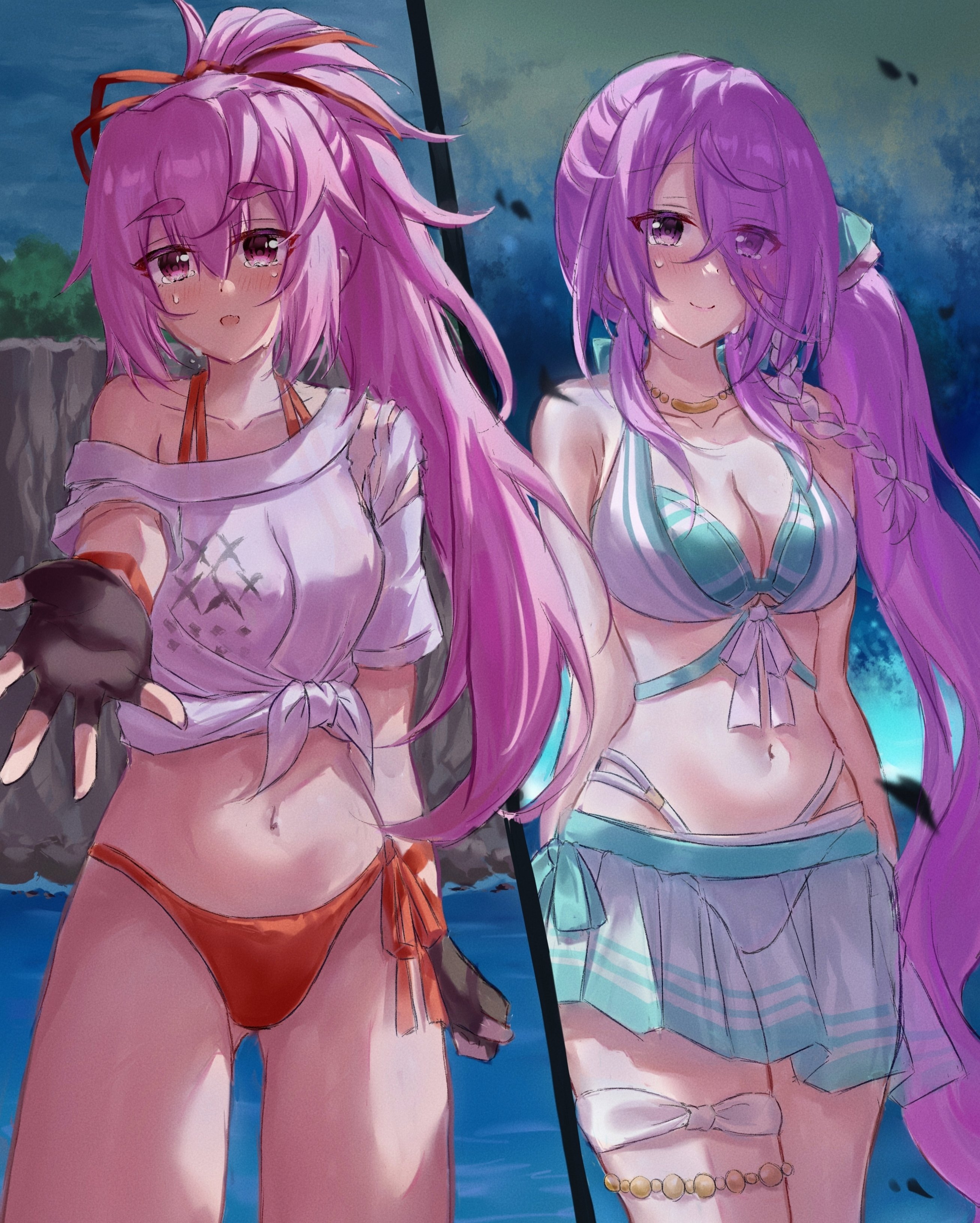 lidce, kura satomi, tsukishiro monaka, heaven burns red, absurdres, highres, 2girls, bikini, braid, breasts, cleavage, hair over one eye, large breasts, long hair, multiple girls, pink hair, ponytail, red eyes, red ribbon, ribbon, swimsuit, very long hair