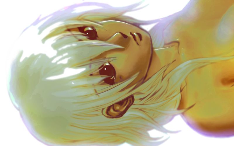 nozakuma, 1girl, bare shoulders, breasts, cleavage, collarbone, expressionless, female focus, looking at viewer, out-of-frame censoring, simple background, solo, topless frame, upper body, white background, white hair
