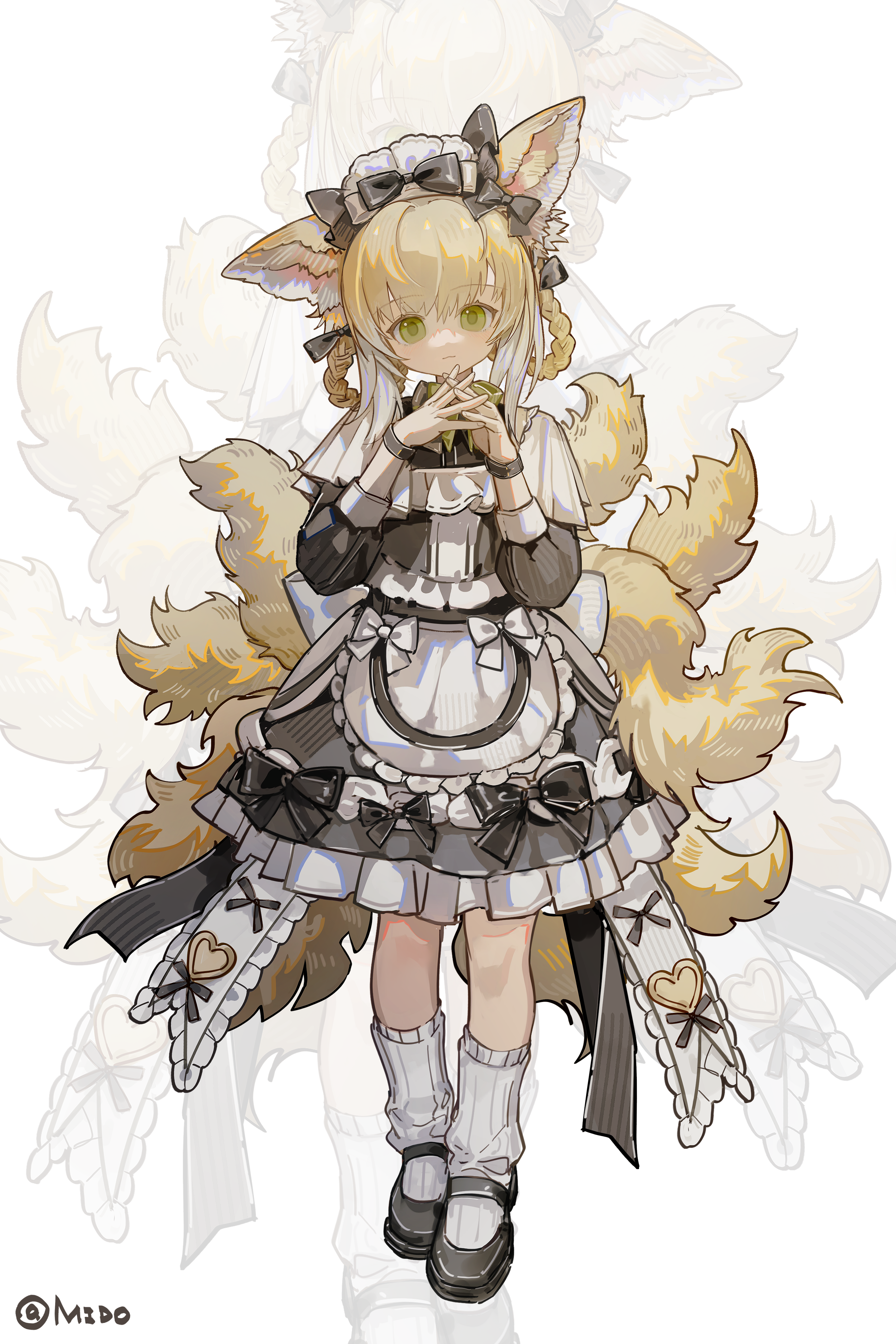 mido (mido chen), suzuran (arknights), arknights, absurdres, chinese commentary, commentary request, highres, 1girl, alternate costume, animal ears, blonde hair, enmaided, fox ears, fox girl, fox tail, full body, green eyes, kitsune, maid, multiple tails, simple background, socks, solo, tail, white background