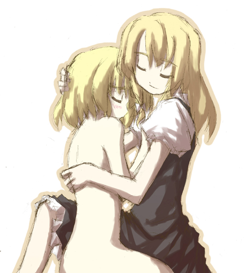 sakuraba yuuki, alice margatroid, kirisame marisa, touhou, 2girls, back, bare back, blush, closed eyes, clothed female nude female, completely nude, female focus, hand on another's head, happy, hug, long hair, multiple girls, nude, open mouth, short hair, simple background, smile, white background, yuri