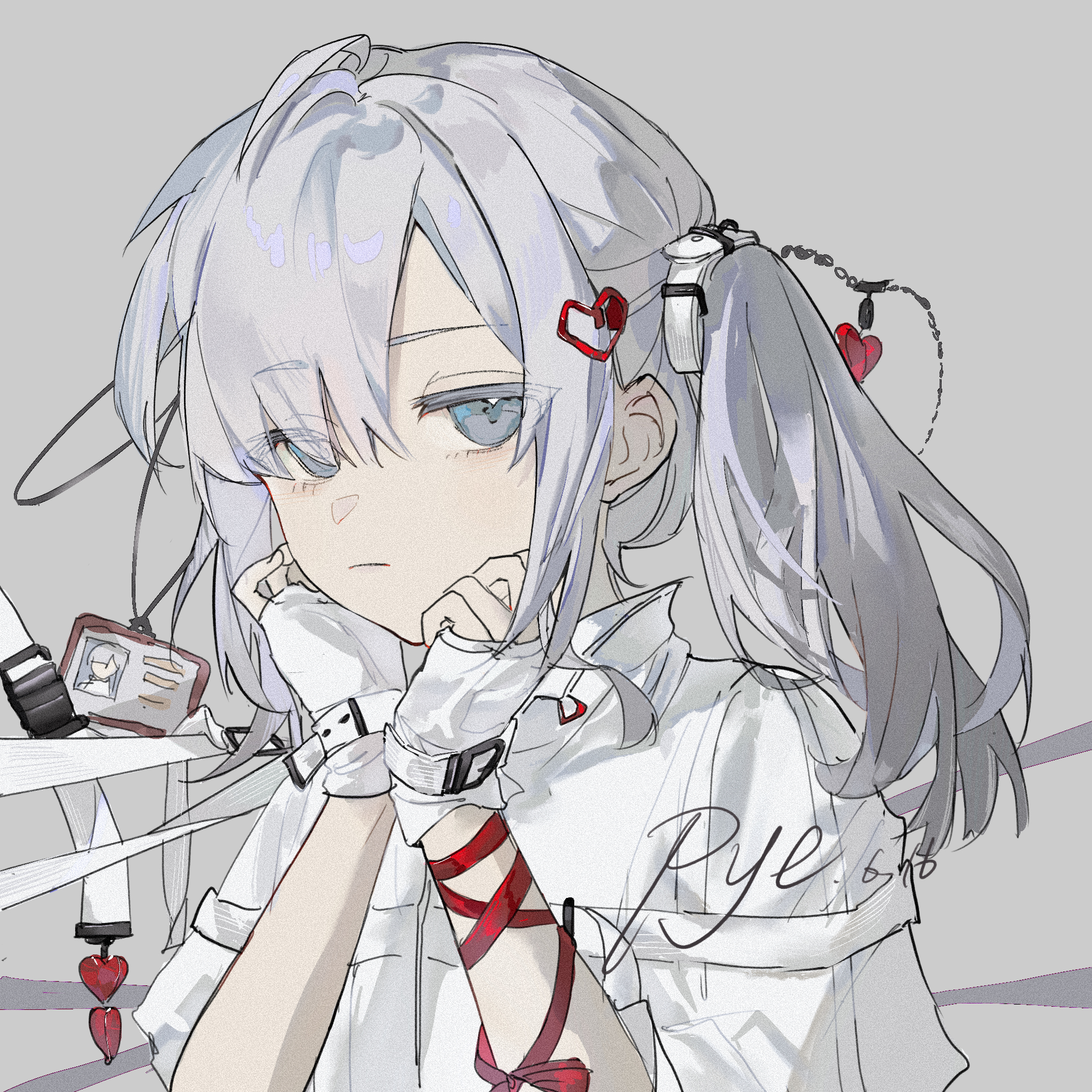 pye yyy, original, commentary, english commentary, highres, 1girl, ahoge, artist name, belt, closed mouth, colored eyelashes, eyes visible through hair, film grain, fingerless gloves, fingernails, gloves, grey background, grey eyes, grey hair, hair intakes, hair ornament, hair over one eye, hands on own cheeks, hands on own face, hands up, heart, heart hair ornament, jacket, jitome, lanyard, light frown, medium hair, red ribbon, ribbon, short-sleeved jacket, short sleeves, sidelocks, simple background, solo, turtleneck, turtleneck jacket, twintails, unworn belt, unworn lanyard, upper body, white gloves, white jacket