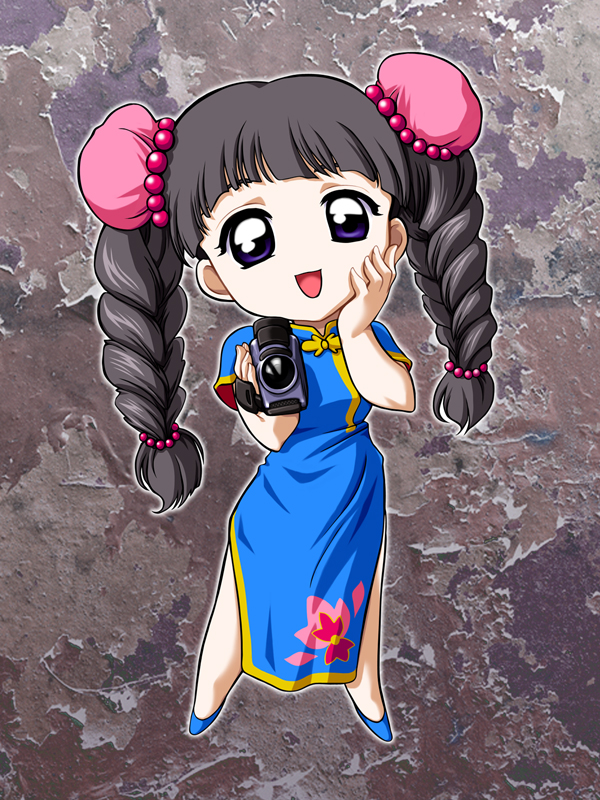 d-ten, daidouji tomoyo, cardcaptor sakura, 1990s (style), 1girl, black hair, braid, bun cover, camcorder, camera, chibi, child, china dress, chinese clothes, double bun, dress, female focus, full body, hair bun, long hair, photo background, retro artstyle, smile, solo, standing, twin braids, video camera