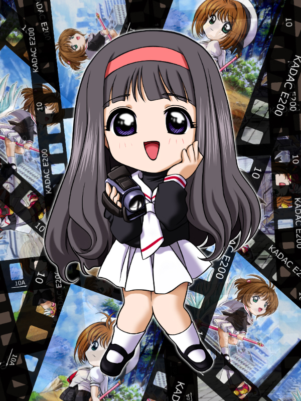 d-ten, daidouji tomoyo, kinomoto sakura, cardcaptor sakura, 1990s (style), 2girls, black hair, blush, camcorder, camera, chibi, child, film strip, hat, looking at viewer, mary janes, multiple girls, retro artstyle, school uniform, serafuku, shoes, smile, tomoeda middle school uniform, video camera, white hat