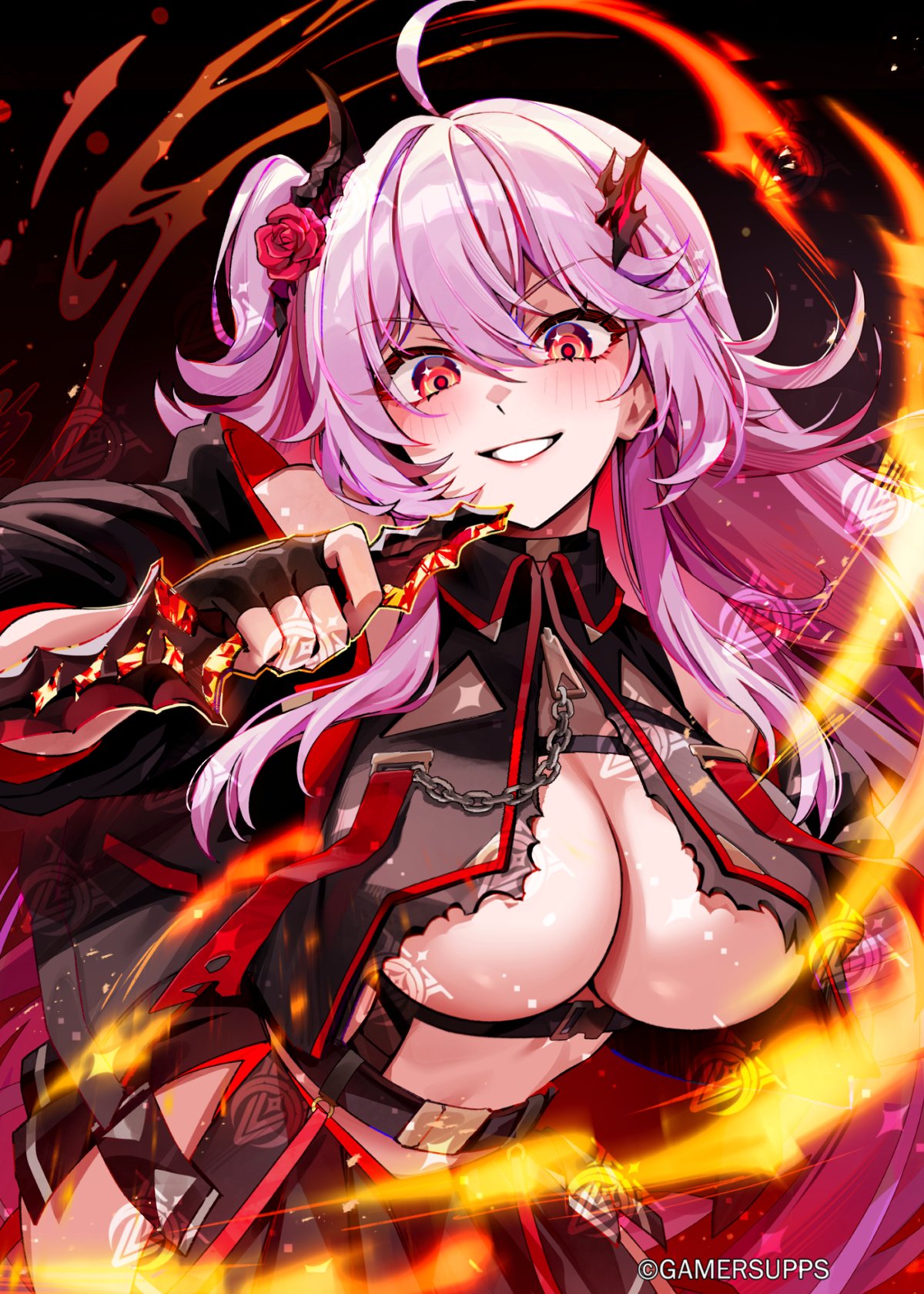 foxyreine, nasai ikumi, indie virtual youtuber, highres, 1girl, ahoge, black choker, black shirt, black skirt, breasts, choker, cleavage, collared shirt, copyright notice, fire, flower, hair flower, hair ornament, holding, holding weapon, long hair, o-ring, open mouth, pink hair, pleated skirt, red eyes, red flower, red rose, rose, shirt, skirt, smile, solo, virtual youtuber, watermark, weapon, zipper pull tab