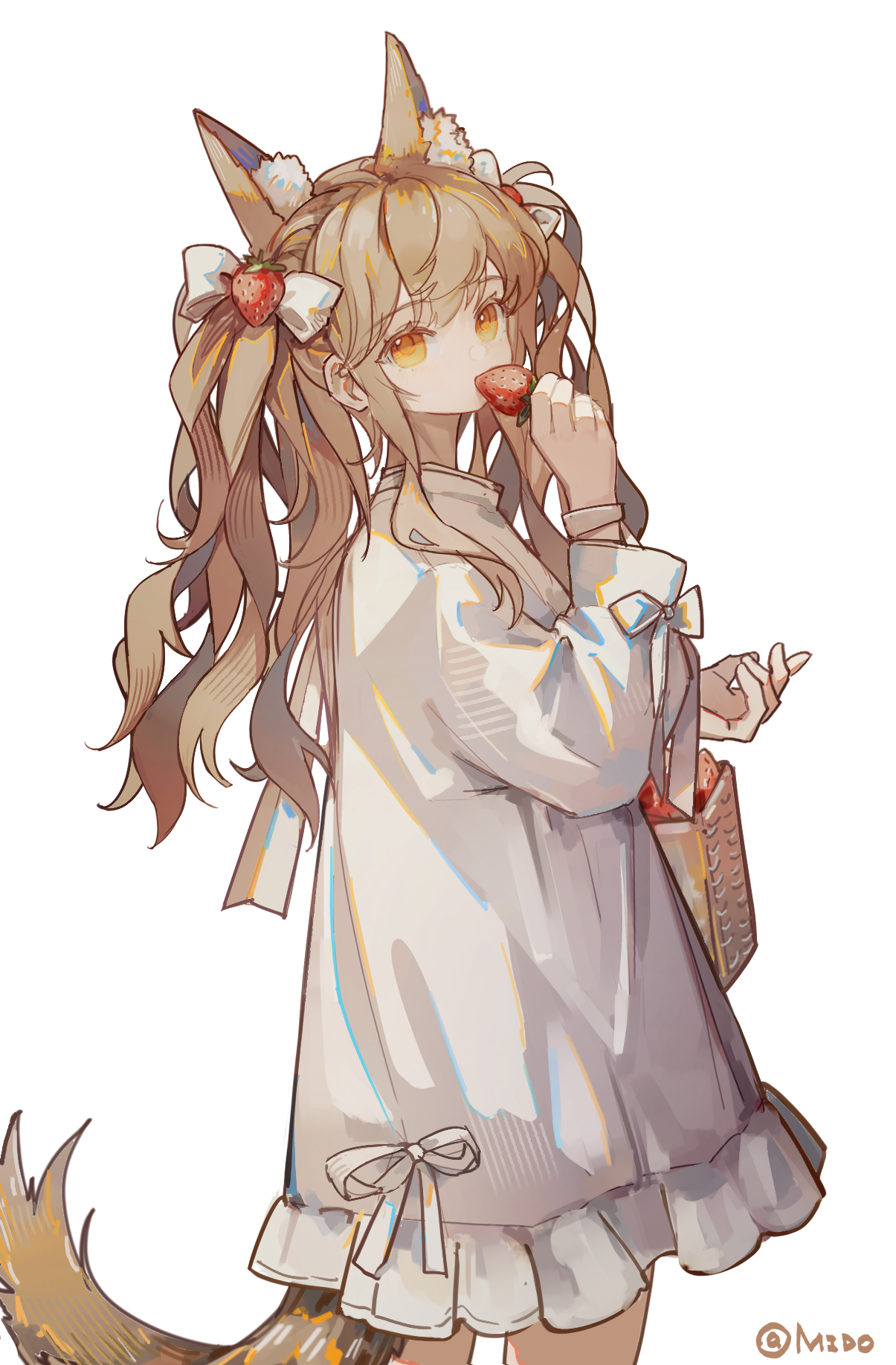 mido (mido chen), angelina (arknights), arknights, chinese commentary, commentary request, highres, 1girl, alternate costume, animal ear fluff, animal ears, bag, biting, bow, brown hair, cowboy shot, dress, food, food-themed hair ornament, fox ears, fox girl, fox tail, fruit, hair bow, hair ornament, hand up, holding, holding food, long hair, long sleeves, looking at viewer, ribbon, shoulder bag, simple background, solo, strawberry, strawberry hair ornament, tail, twintails, white background, white bow, white dress, white ribbon