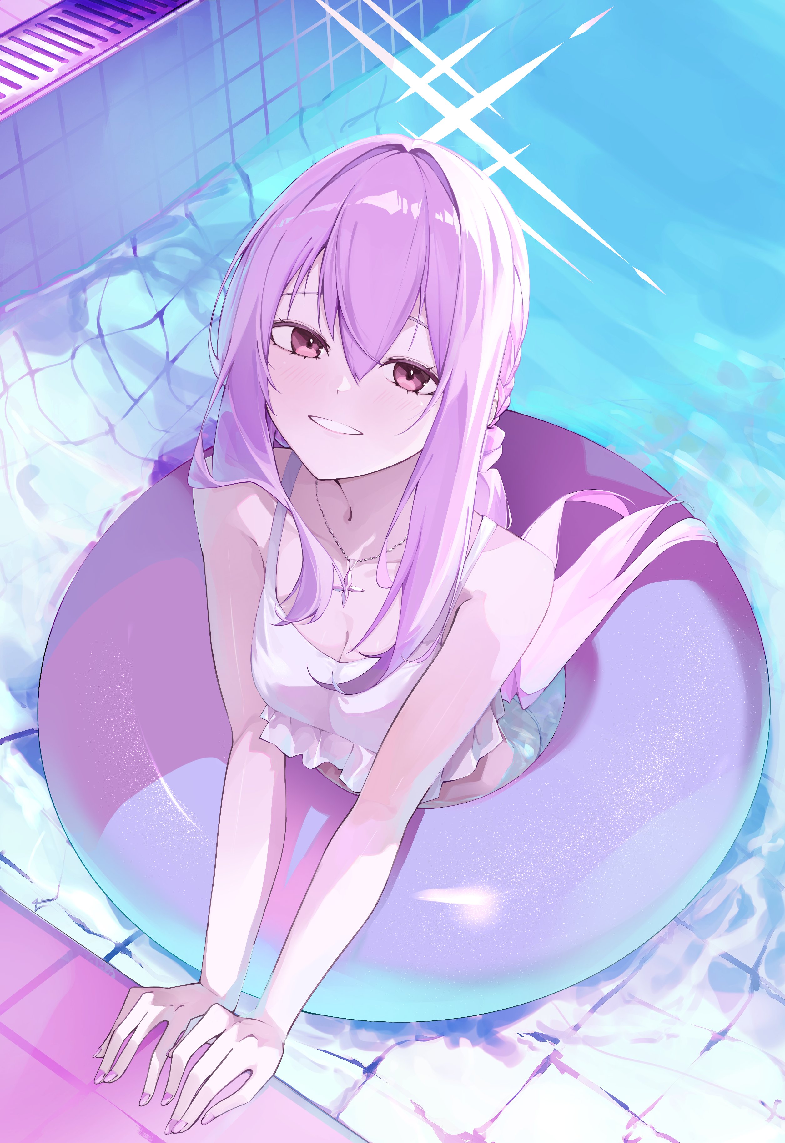 devid (devis515333), atsuko (blue archive), atsuko (swimsuit) (blue archive), blue archive, absurdres, highres, 1girl, bikini, braid, frilled bikini, frills, grin, halo, innertube, jewelry, long hair, necklace, pool, ripples, smile, solo, swim ring, swimsuit, water