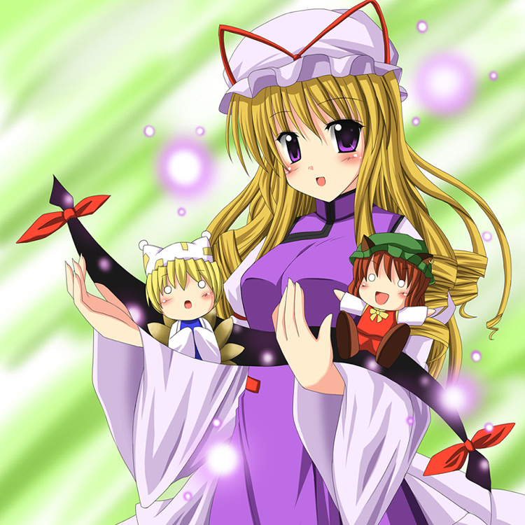 exe (artist), xe (execut3r), chen, yakumo ran, yakumo yukari, touhou, 3girls, animal ears, animal hat, blonde hair, brown hair, cat ears, cat girl, cat tail, chibi, earrings, female focus, fox tail, gap (touhou), hat, hat ribbon, jewelry, long hair, long sleeves, mob cap, multiple girls, multiple tails, o o, purple eyes, ribbon, short hair, tabard, tail, wide sleeves