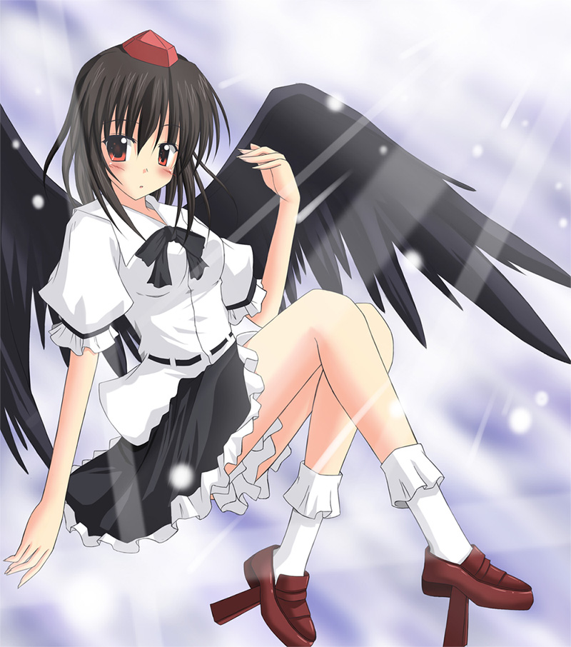 exe (artist), xe (execut3r), shameimaru aya, touhou, looking away, 1girl, black hair, black wings, blush, expressionless, female focus, geta, hat, red eyes, short hair, skirt, socks, solo, tengu-geta, wings