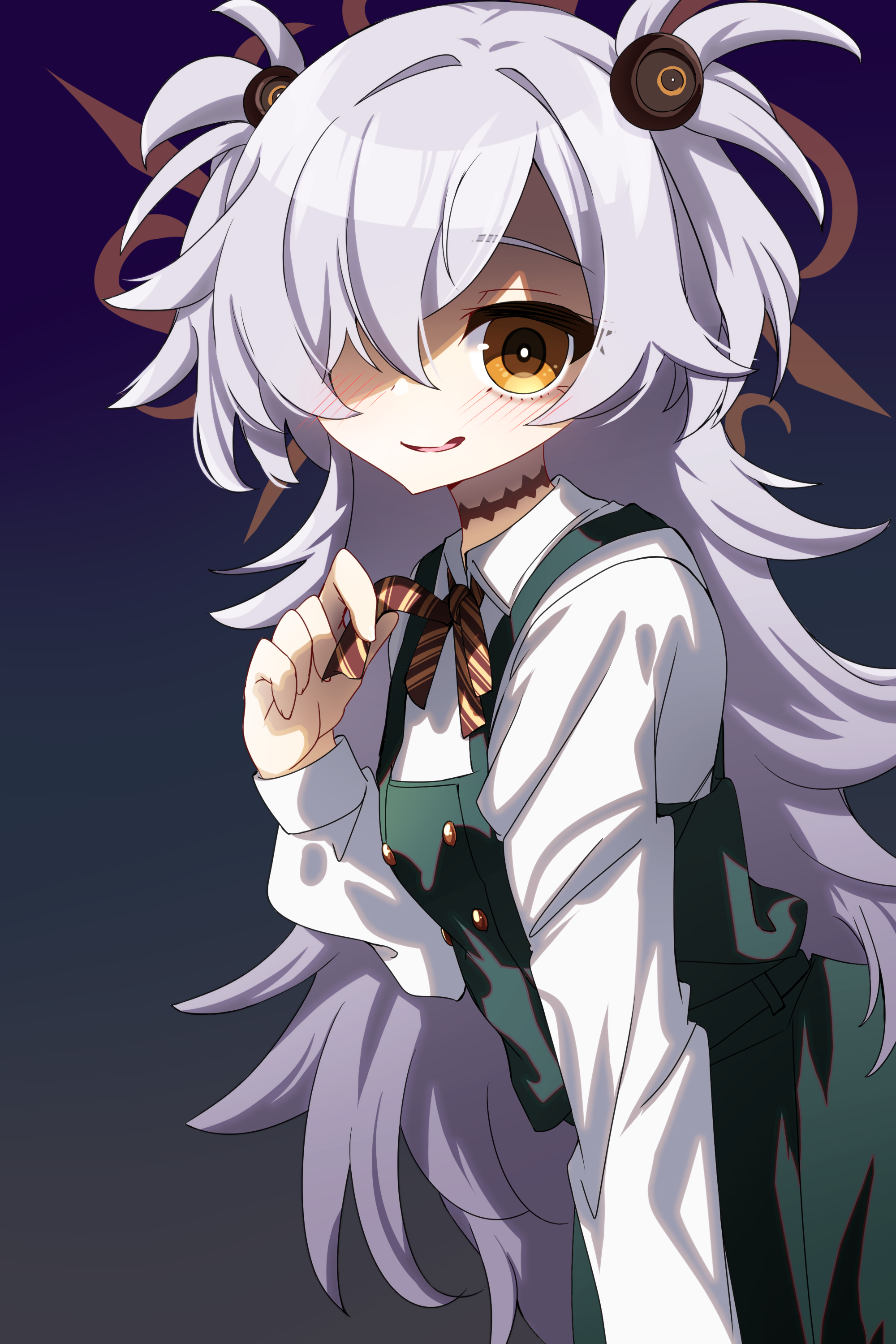 mizuki kakeru, kanoe (blue archive), blue archive, fluffy hair, absurdres, highres, 1girl, brown halo, brown ribbon, diagonal-striped ribbon, dress, hair over one eye, halo, long hair, looking at viewer, pinafore dress, ribbon, scar, scar on neck, shirt, sleeveless, sleeveless dress, smile, solo, two side up, white shirt