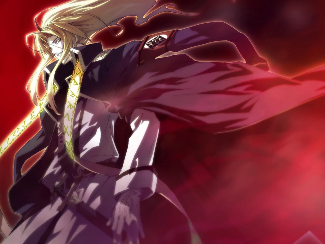 g yuusuke, dies irae, shinza bansho series, game cg, non-web source, 1boy, belt, blonde hair, deutsches ahnenerbe, gloves, long hair, long sleeves, male focus, military, military uniform, pillar, reinhard heydrich (dies irae), solo, waffen-ss