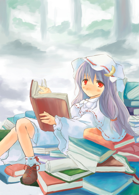 tes (unpre), patchouli knowledge, touhou, 1girl, :/, bobby socks, book, book focus, crescent, crescent hair ornament, female focus, forest, hair ornament, long hair, moon, nature, pile of books, purple hair, red eyes, scroll, sitting, sitting on books, socks, solo, too many, too many books, tree