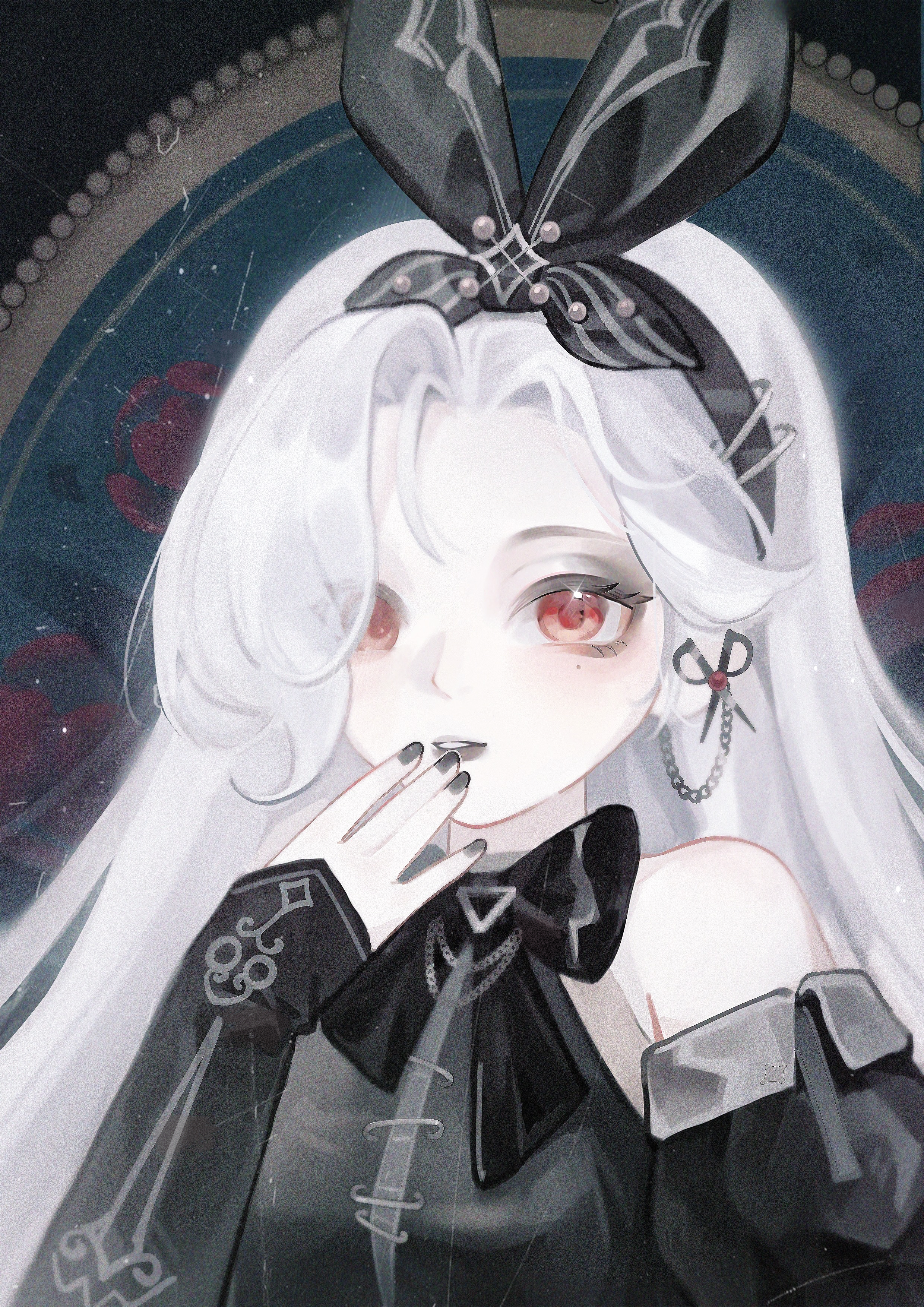 sishi malus, aderinna (infinity nikki), infinity nikki, nikki (series), absurdres, highres, 1girl, asymmetrical bangs, bare shoulders, beads, black arm warmers, black bow, black bowtie, black dress, black hairband, black lips, black nails, black sleeves, bow, bow hairband, bowtie, chain, chain earrings, detached sleeves, dress, expressionless, eyelashes, eyes visible through hair, eyeshadow, floral background, flower, grey eyeshadow, hair beads, hair ornament, hair over one eye, hairband, halter dress, halterneck, hand on own chin, light blush, light particles, lipstick, long hair, looking at viewer, makeup, mole, mole under eye, nail polish, pale skin, paperclip, parted lips, picture frame, puffy short sleeves, puffy sleeves, red eyes, red flower, red rose, rose, scissors hair ornament, short sleeves, solo, straight hair, striped bow, upper body, very long hair, white hair