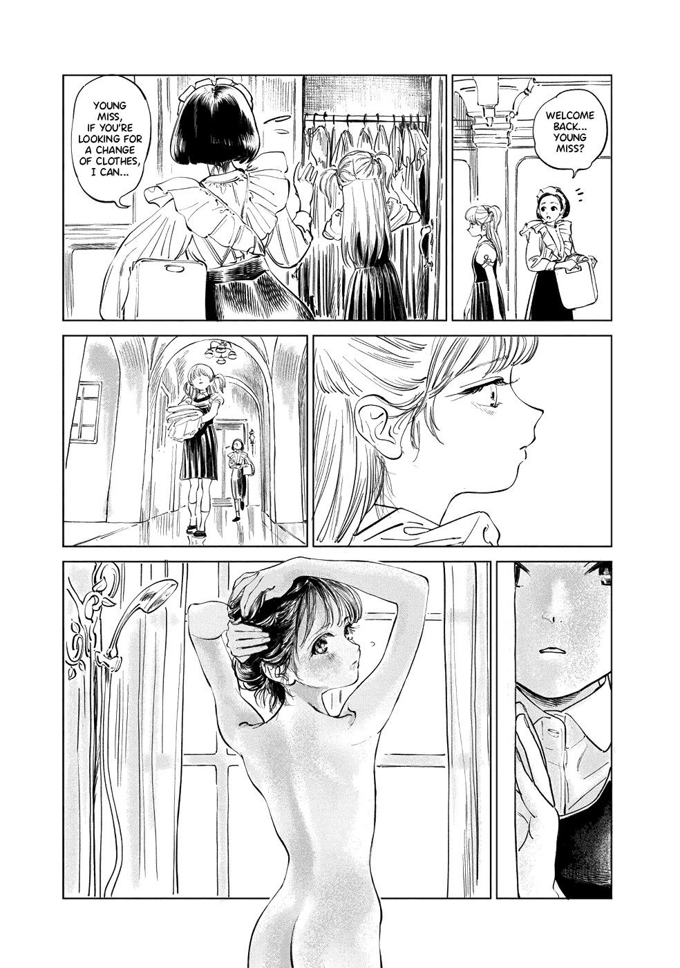 hiro (dismaless), akebi komichi, kizaki erika, akebi-chan no serafuku, character request, highres, official art, translated, 3girls, ass, collared dress, dress, english text, female focus, long hair, maid, maid headdress, manga illustration, manga page, monochrome, multiple girls, nude, pleated skirt, roubai academy school uniform (old), school uniform, serafuku, short hair, short sleeves, showering, skirt, speech bubble, twintails