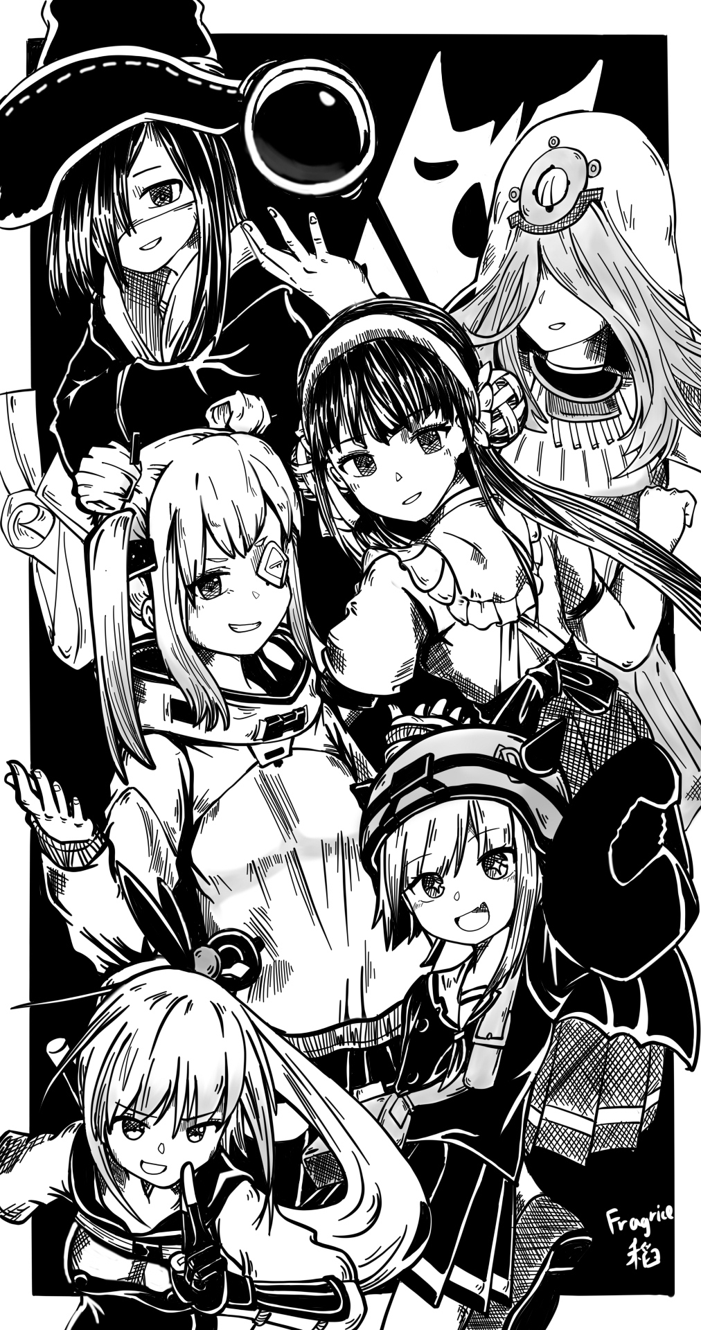 bungo yayoi, kanzaki adelheid, sakuraba seira, satsuki mari, tenne miko, yamawaki bon ivar, heaven burns red, highres, black hair, breasts, covered eyes, crab claw, double bun, eyepatch, fake horns, fragrice, hair bun, hair ornament, hair over one eye, hair stick, harness, hat, horns, large breasts, long hair, medium hair, monochrome, multiple girls, one eye covered, ponytail, puffy short sleeves, puffy sleeves, short hair, short sleeves, team 31c (heaven burns red), twintails, veil, very long hair, white hair, witch hat