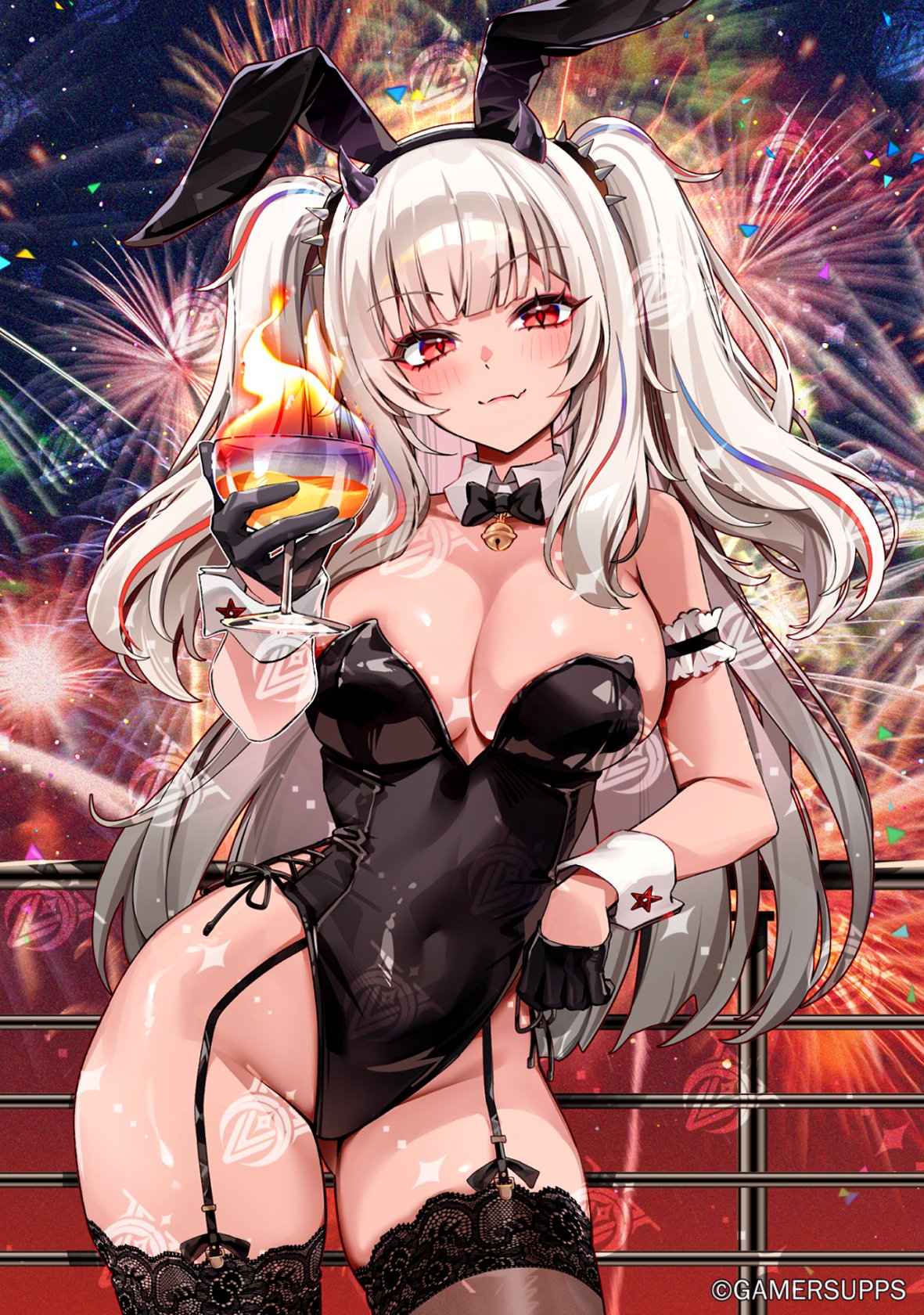 foxyreine, lucy pyre, indie virtual youtuber, highres, 1girl, aerial fireworks, bell, black bow, black bowtie, black garter straps, black gloves, black leotard, blue hair, bow, bowtie, breasts, cleavage, closed mouth, collar, copyright notice, cup, detached collar, fang, fireworks, garter straps, gloves, holding, holding cup, horns, leotard, long hair, multicolored hair, neck bell, playboy bunny, railing, red eyes, red hair, skin fang, solo, streaked hair, thighhighs, twintails, watermark, white collar, white hair, white wrist cuffs, wrist cuffs