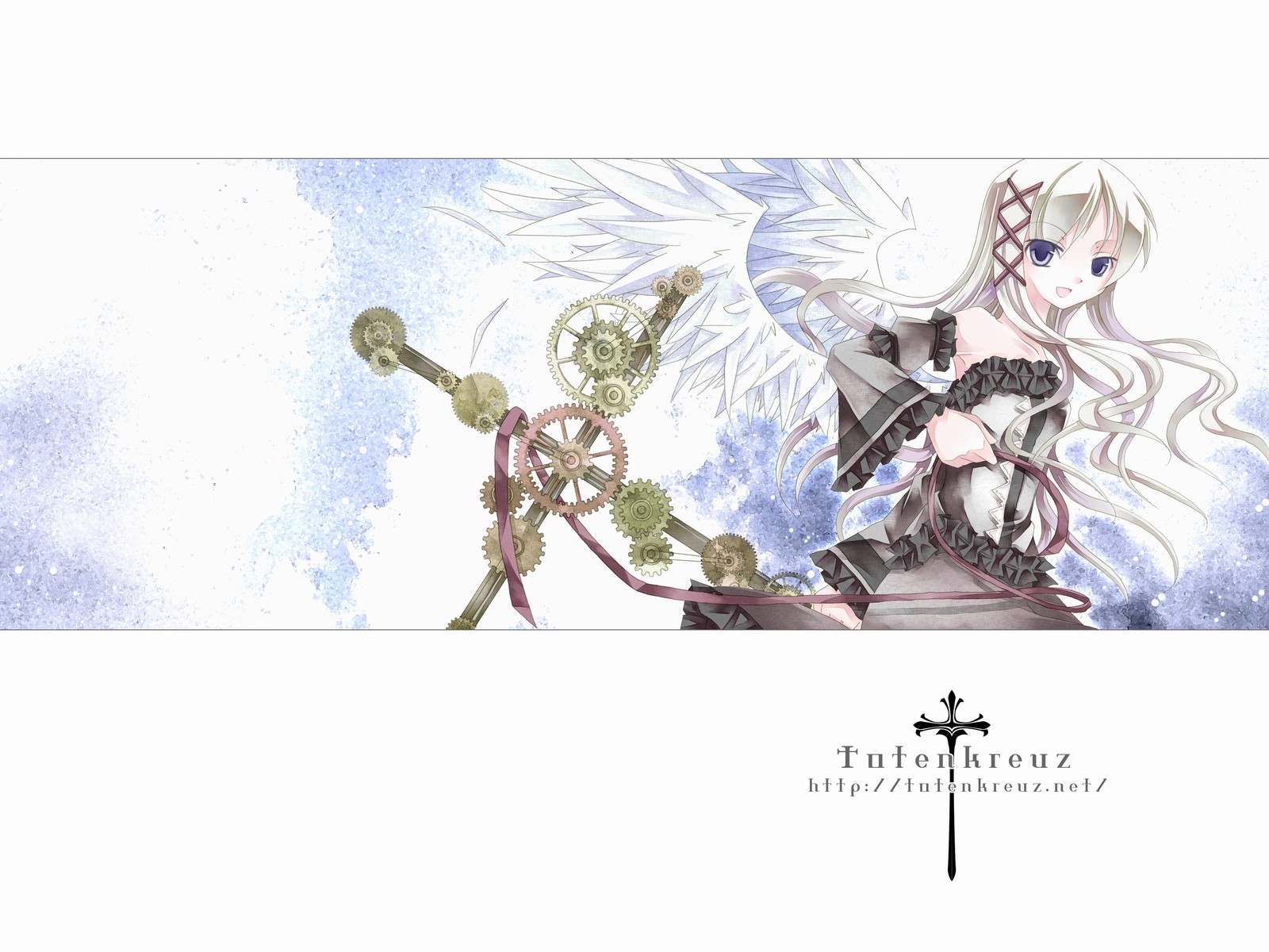 kochou (totenkreuz), kotyo, original, highres, blue eyes, ribbon, solo, white hair, wings
