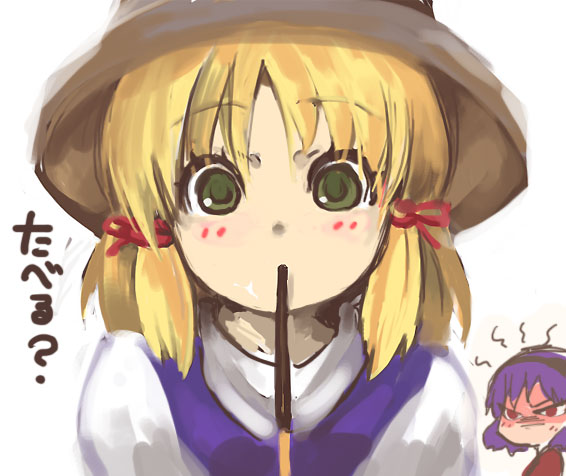 cis (carcharias), moriya suwako, yasaka kanako, touhou, 2girls, angry, blonde hair, chibi, chibi inset, female focus, food, green eyes, hat, looking at viewer, multiple girls, pocky, pocky kiss, purple hair, red eyes, shared food