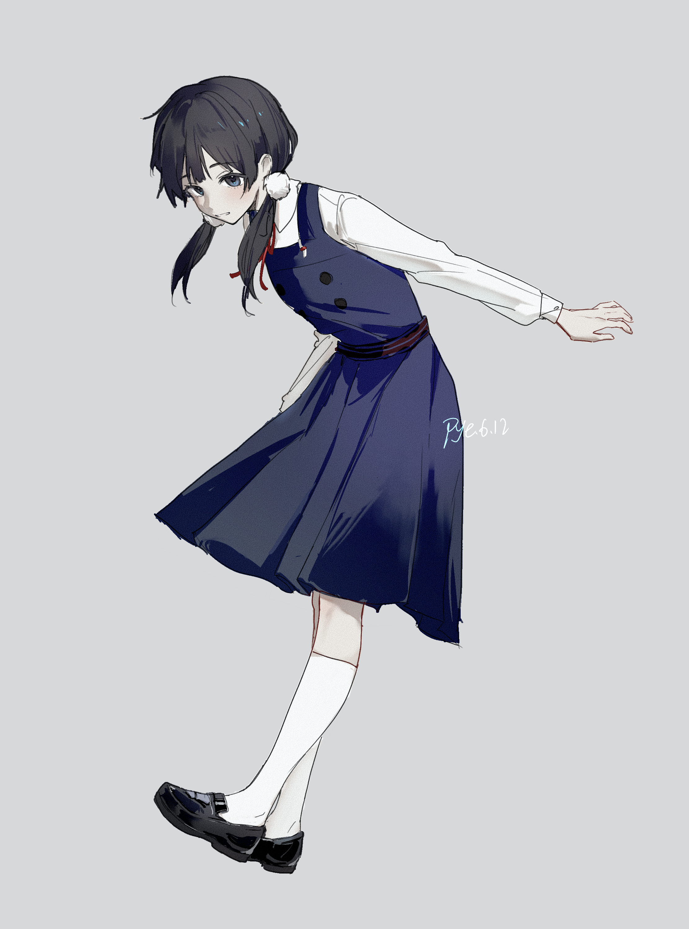 pye yyy, kitashirakawa tamako, tamako market, absurdres, commentary request, highres, 1girl, :d, arm at side, artist name, belt, black belt, black dress, black eyes, black shoes, buttons, center-flap bangs, collared shirt, double-breasted, dress, film grain, full body, grey background, grin, hair between eyes, hair ornament, kneehighs, leaning forward, loafers, long sleeves, looking at viewer, low twintails, medium dress, medium hair, neck ribbon, open mouth, outstretched arm, pinafore dress, pom pom (clothes), pom pom hair ornament, red ribbon, ribbon, school uniform, shirt, shoes, simple background, sleeveless, sleeveless dress, smile, socks, solo, standing, twintails, white shirt, white socks