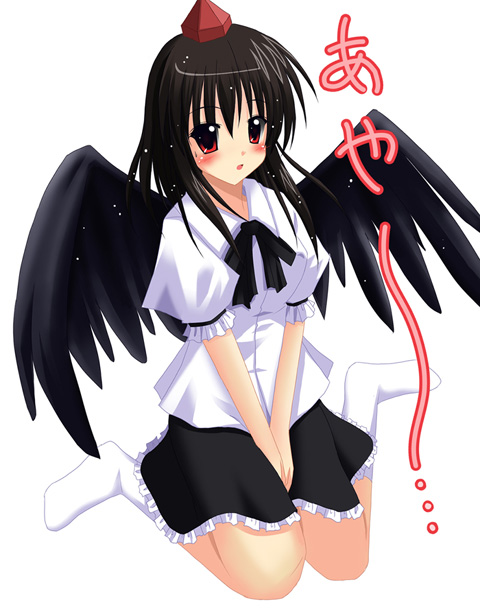 exe (artist), xe (execut3r), shameimaru aya, touhou, 1girl, black hair, black wings, blush, female focus, hat, looking at viewer, red eyes, skirt, socks, solo, wings