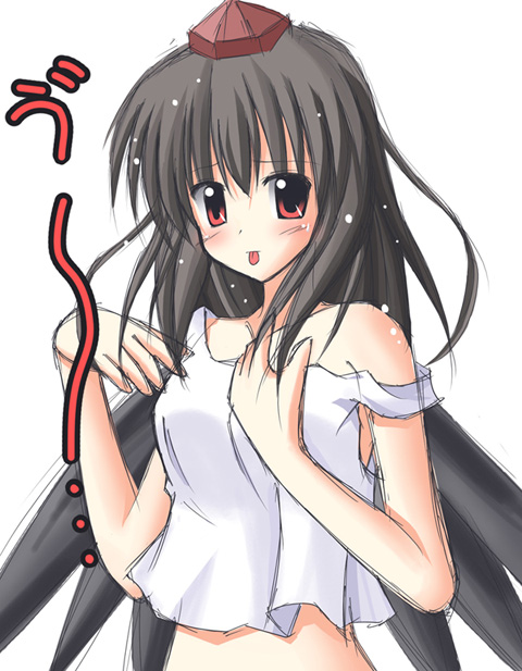 exe (artist), xe (execut3r), shameimaru aya, touhou, 1girl, :p, black hair, black wings, blush, female focus, hat, looking at viewer, red eyes, solo, tongue, tongue out, wings