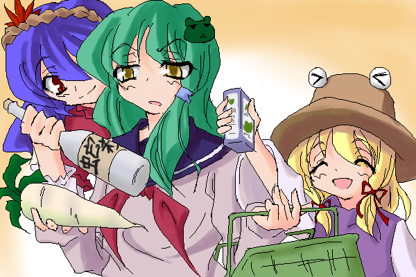 kochiya sanae, moriya suwako, yasaka kanako, touhou, 3girls, ^ ^, alternate costume, autumn leaves, closed eyes, female focus, hair ornament, hat, leaf, leaf hair ornament, multiple girls, school uniform, serafuku