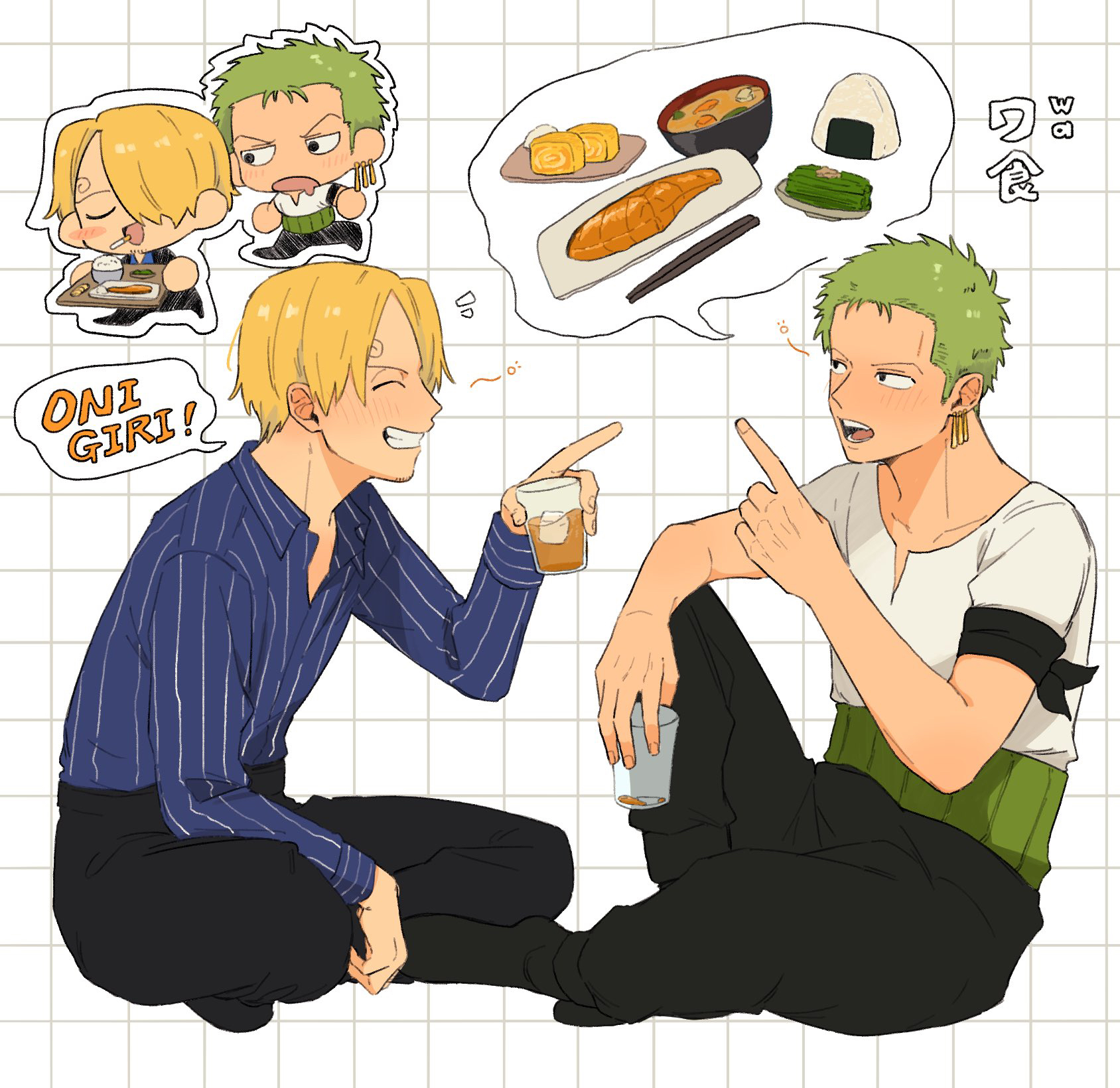 iqracha, roronoa zoro, sanji (one piece), one piece, highres, 2boys, black pants, blonde hair, blue shirt, chibi, chibi only, cup, curly eyebrows, earrings, facial hair, food, goatee, green hair, grid background, grin, holding, holding cup, holding tray, jewelry, male focus, multiple boys, onigiri, open mouth, pants, shirt, short hair, sitting, smile, speech bubble, spoken food, striped clothes, striped shirt, tray, white shirt