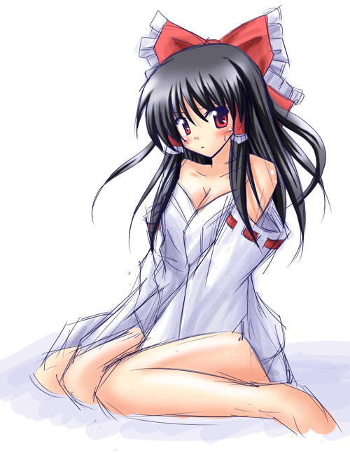 hakurei reimu, touhou, 1girl, bare shoulders, barefoot, black hair, bow, breasts, cleavage, collarbone, detached sleeves, female focus, full body, hair bow, hair tubes, long sleeves, looking at viewer, red bow, red eyes, ribbon-trimmed sleeves, ribbon trim, sidelocks, simple background, sitting, solo, toes, wariza, white background