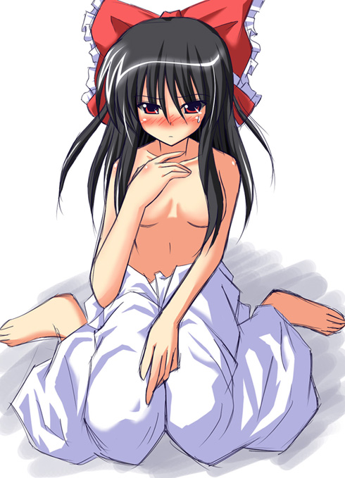 exe (artist), xe (execut3r), hakurei reimu, touhou, 1girl, bad anatomy, bad feet, barefoot, black hair, blush, bow, breasts, female focus, hair bow, medium breasts, no bra, poorly drawn, red eyes, sitting, solo, topless female, wariza