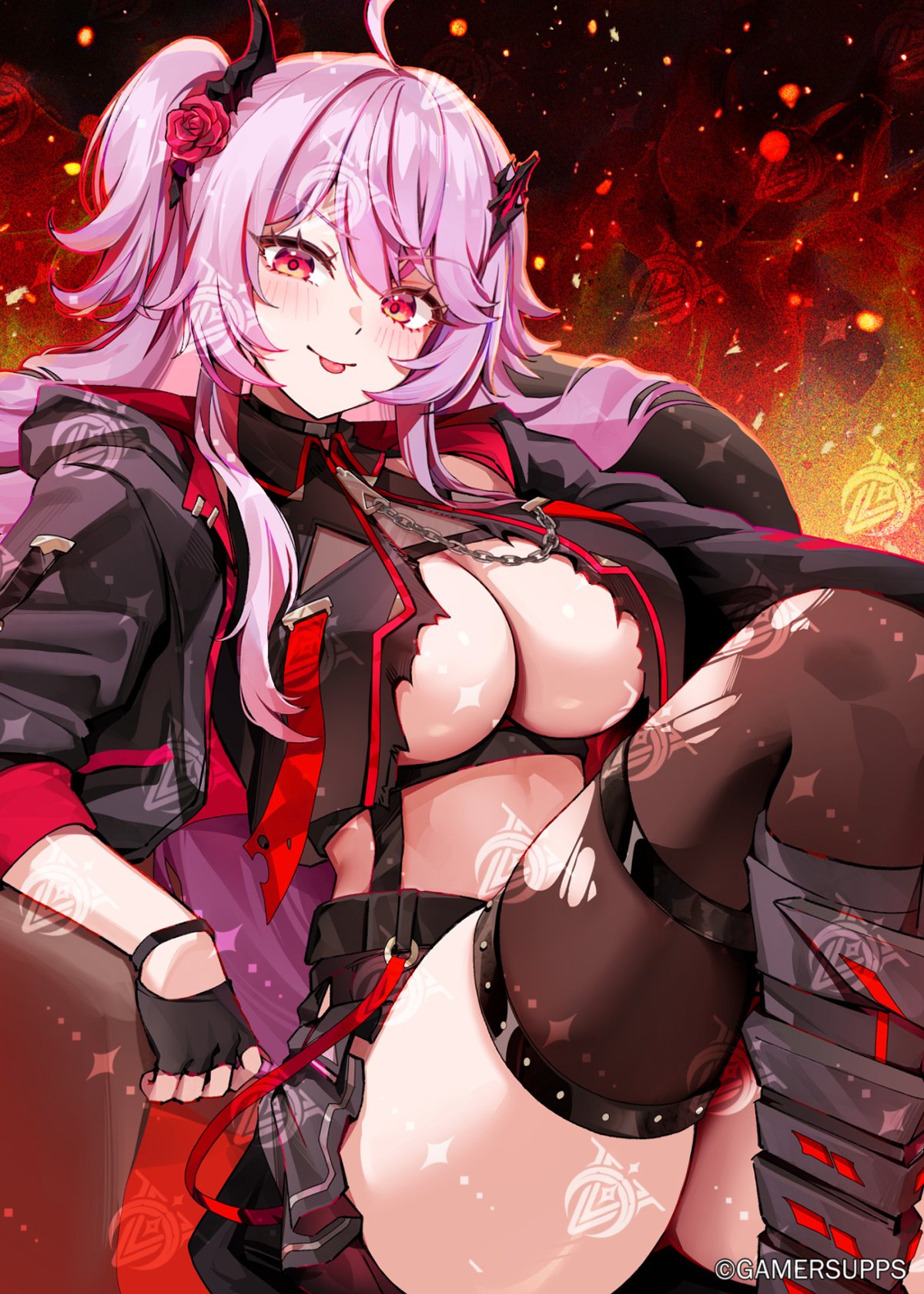 foxyreine, nasai ikumi, indie virtual youtuber, highres, 1girl, ahoge, black gloves, black jacket, black skirt, breasts, chain, cleavage, closed mouth, copyright notice, fingerless gloves, flower, gloves, hair flower, hair ornament, hood, hooded jacket, jacket, large breasts, long hair, open clothes, open jacket, pink eyes, pink hair, red flower, red rose, rose, skirt, solo, thighhighs, tongue, virtual youtuber, watermark