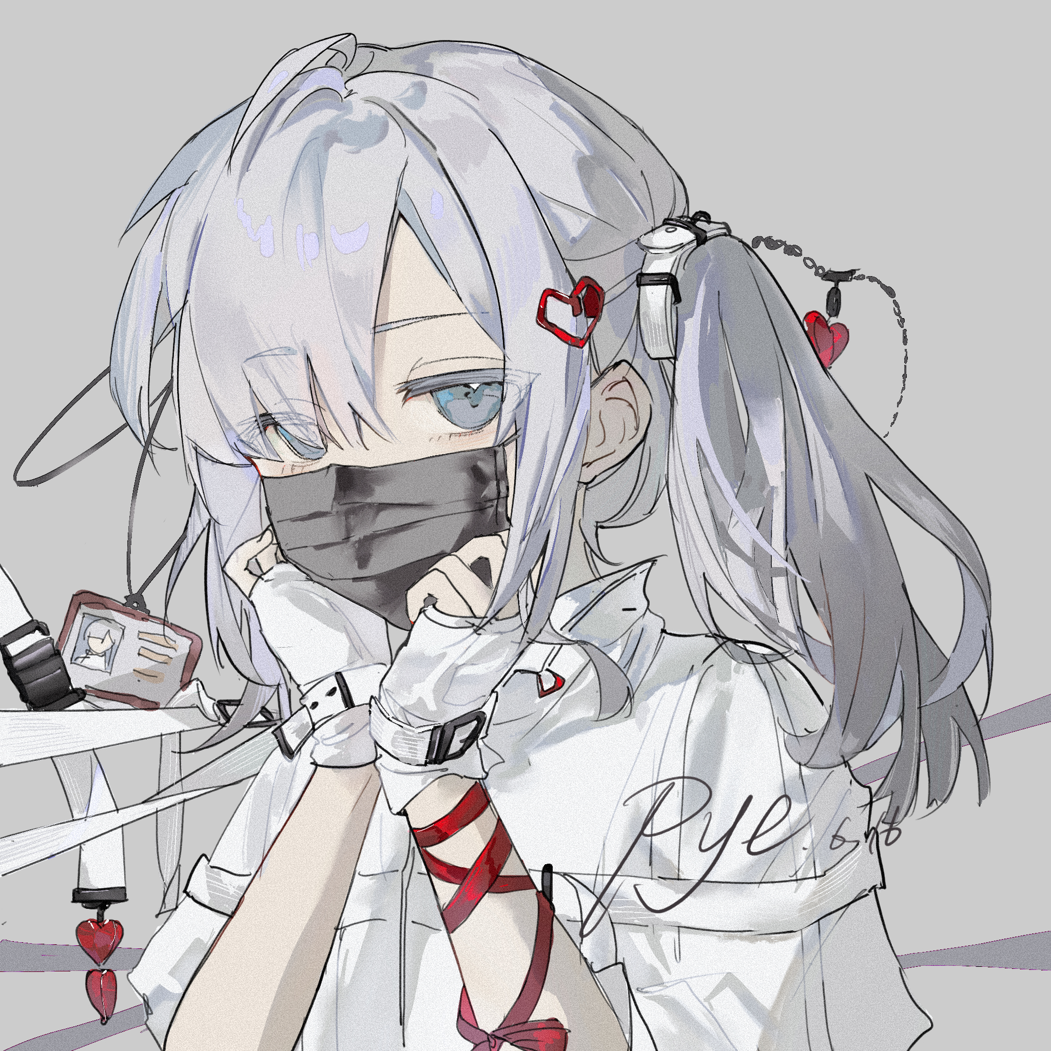 pye yyy, original, commentary, english commentary, highres, 1girl, ahoge, artist name, belt, black mask, colored eyelashes, eyes visible through hair, film grain, fingerless gloves, fingernails, gloves, grey background, grey eyes, grey hair, hair intakes, hair ornament, hair over one eye, hands on own cheeks, hands on own face, hands up, heart, heart hair ornament, jacket, jitome, lanyard, mask, medium hair, mouth mask, red ribbon, ribbon, short-sleeved jacket, short sleeves, sidelocks, simple background, solo, turtleneck, turtleneck jacket, twintails, unworn belt, unworn lanyard, upper body, white gloves, white jacket
