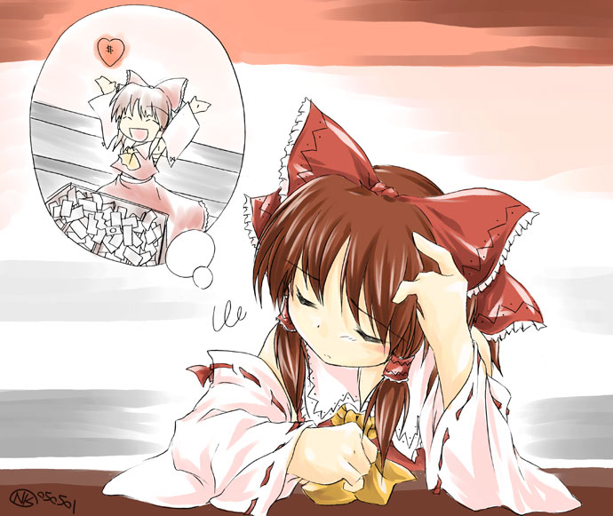 nobuyuki, hakurei reimu, touhou, 1girl, :d, ^ ^, arms up, blush, bow, brown hair, closed eyes, detached sleeves, dreaming, female focus, hair bow, imagining, long sleeves, musical note, open mouth, ponytail, red bow, ribbon-trimmed sleeves, ribbon trim, short hair, sidelocks, sleeping, smile, solo, speech bubble, squiggle, thinking, thought bubble, upper body