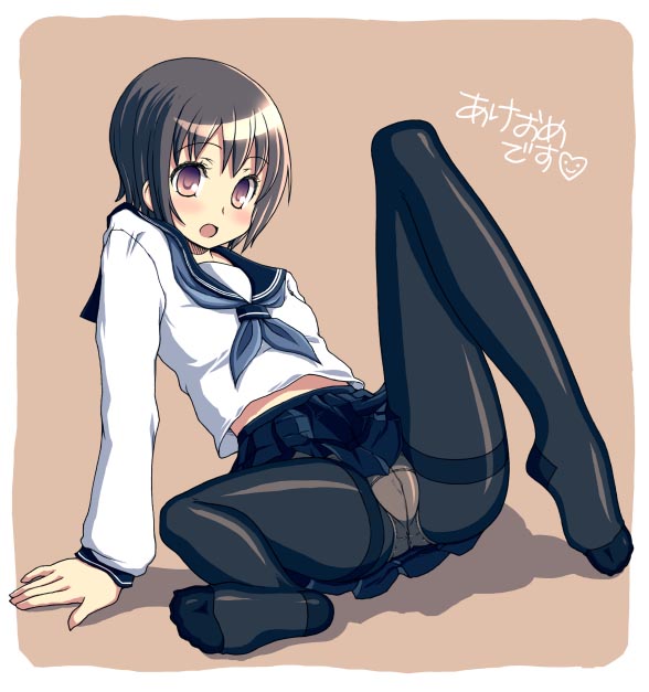 kimarin, copyright request, 1girl, akeome, black pantyhose, cameltoe, crotch seam, feet, female focus, happy new year, new year, panties, panties under pantyhose, pantyhose, school uniform, serafuku, soles, solo, spread legs, thighband pantyhose, underwear
