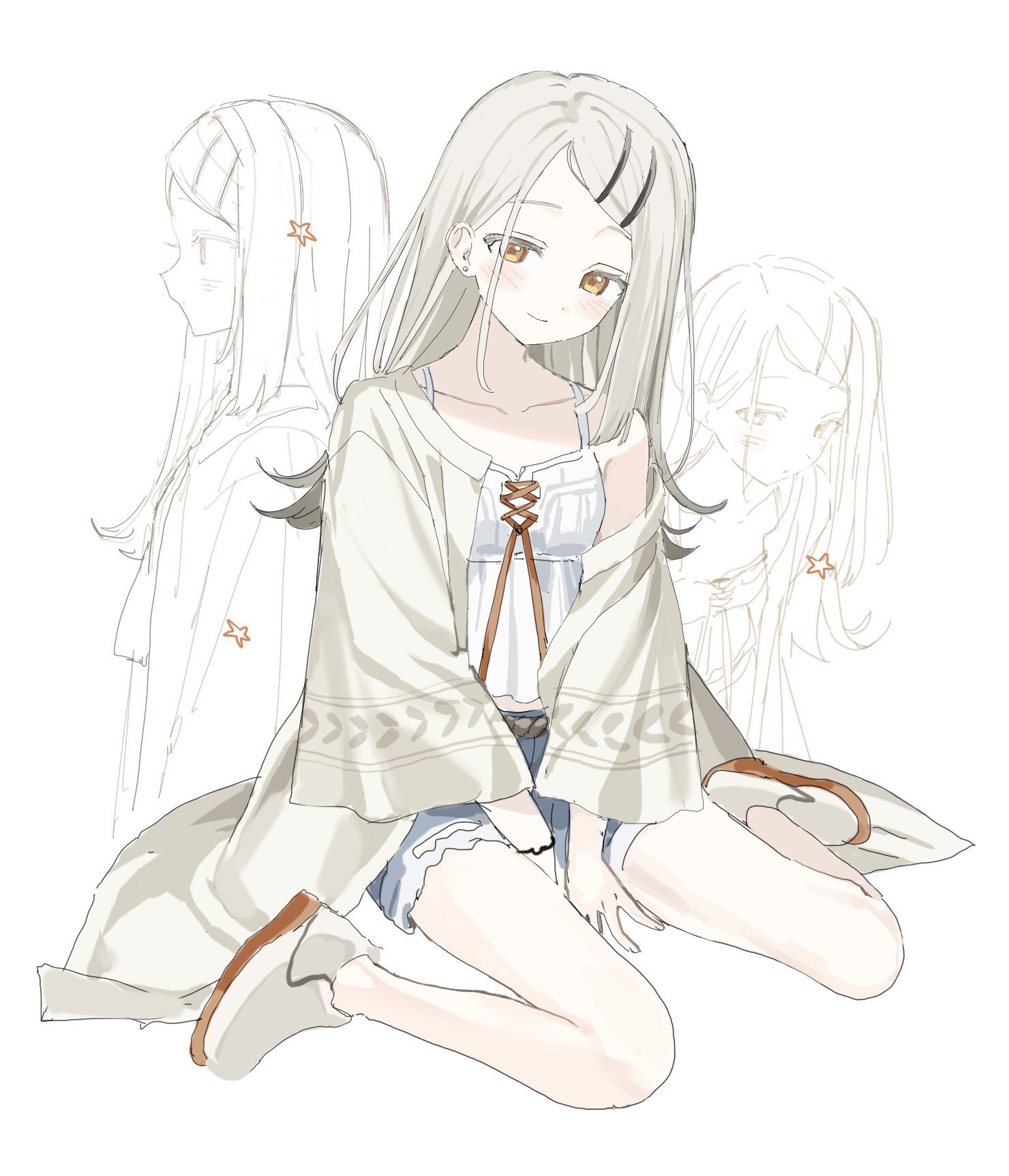 tori kawayu, shinosawa hiro, gakuen idolmaster, idolmaster, highres, 1girl, arms between legs, belt, blonde hair, blush, brown belt, camisole, closed mouth, collarbone, colored eyelashes, denim, denim shorts, doodle inset, earrings, flipped hair, gradient hair, grey hair, hair ornament, hairclip, jewelry, looking at viewer, midriff peek, multicolored hair, multiple views, orange eyes, orange ribbon, parallel hairclips, ribbon, robe, rope belt, shoes, shorts, sidelocks, simple background, single off shoulder, sitting, smile, stud earrings, swept bangs, v arms, wariza, white background, white camisole, white robe, white shoes, wristband