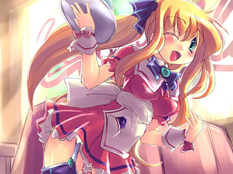 ga015, original, 1girl, ;d, apron, blonde hair, blush, bow, bowtie, cowboy shot, dress, feet up, female focus, green eyes, indoors, long hair, looking at viewer, one eye closed, open mouth, puffy short sleeves, puffy sleeves, red dress, shoes, short sleeves, smile, solo, tareme, thighhighs, tray, upper body, very long hair, waist apron, waitress, walking, wrist cuffs