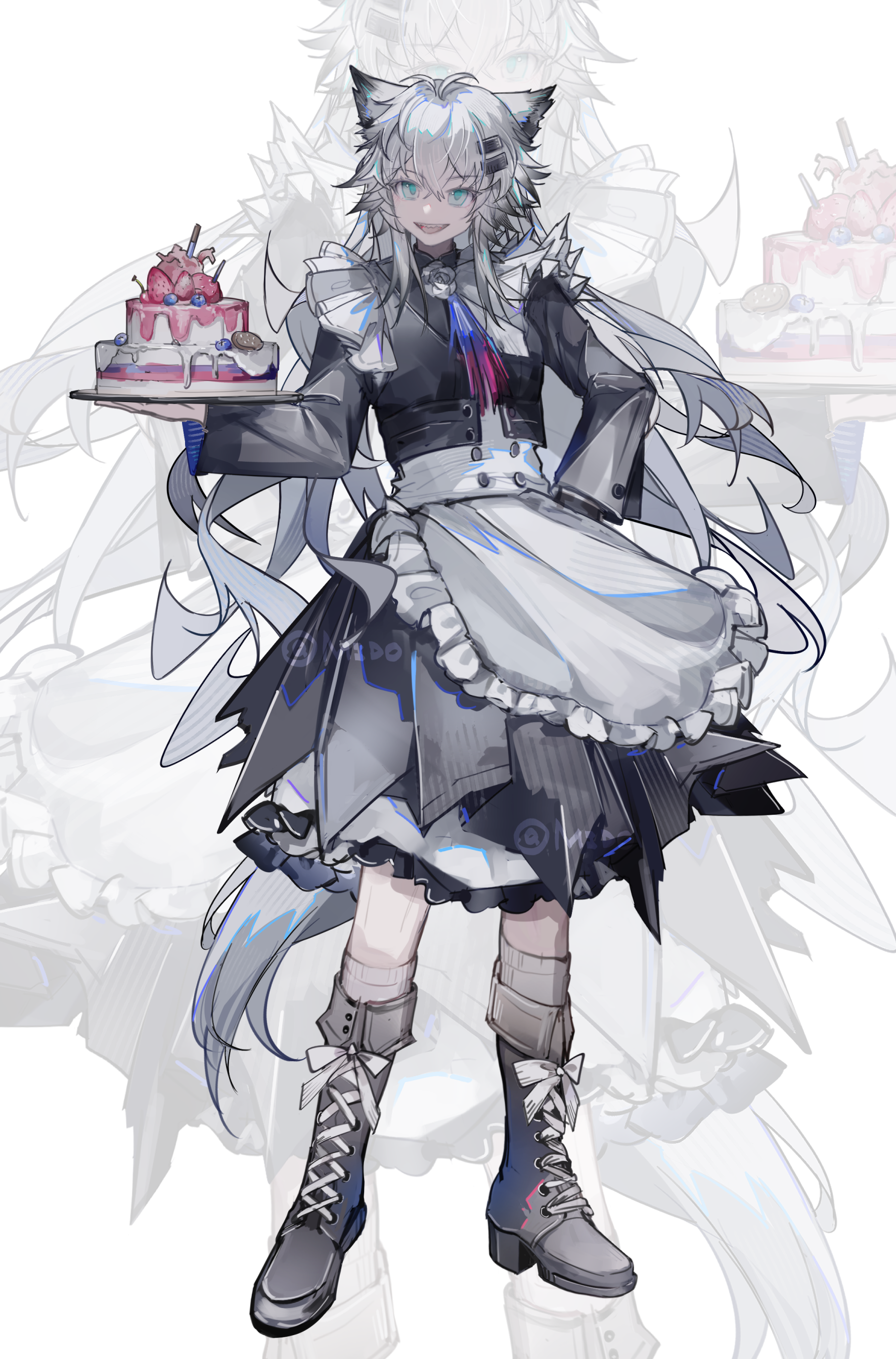 mido (mido chen), lappland (arknights), lappland the decadenza (arknights), arknights, absurdres, chinese commentary, commentary request, highres, 1girl, :d, alternate costume, animal ears, apron, aqua eyes, artist name, black dress, blueberry, boots, bow, cake, card, dress, enmaided, flower, food, frilled apron, frills, fruit, full body, gradient necktie, grey boots, hair between eyes, hair ornament, hairpin, hand on own hip, holding, holding card, knee boots, kneehighs, knife, lace-up boots, long hair, long sleeves, looking at viewer, maid, maid apron, multicolored necktie, necktie, no scar, open mouth, platform boots, sidelocks, simple background, smile, socks, solo, standing, strawberry, tail, two-tone necktie, waist apron, white apron, white background, white bow, white flower, wolf ears, wolf girl, wolf tail, zoom layer